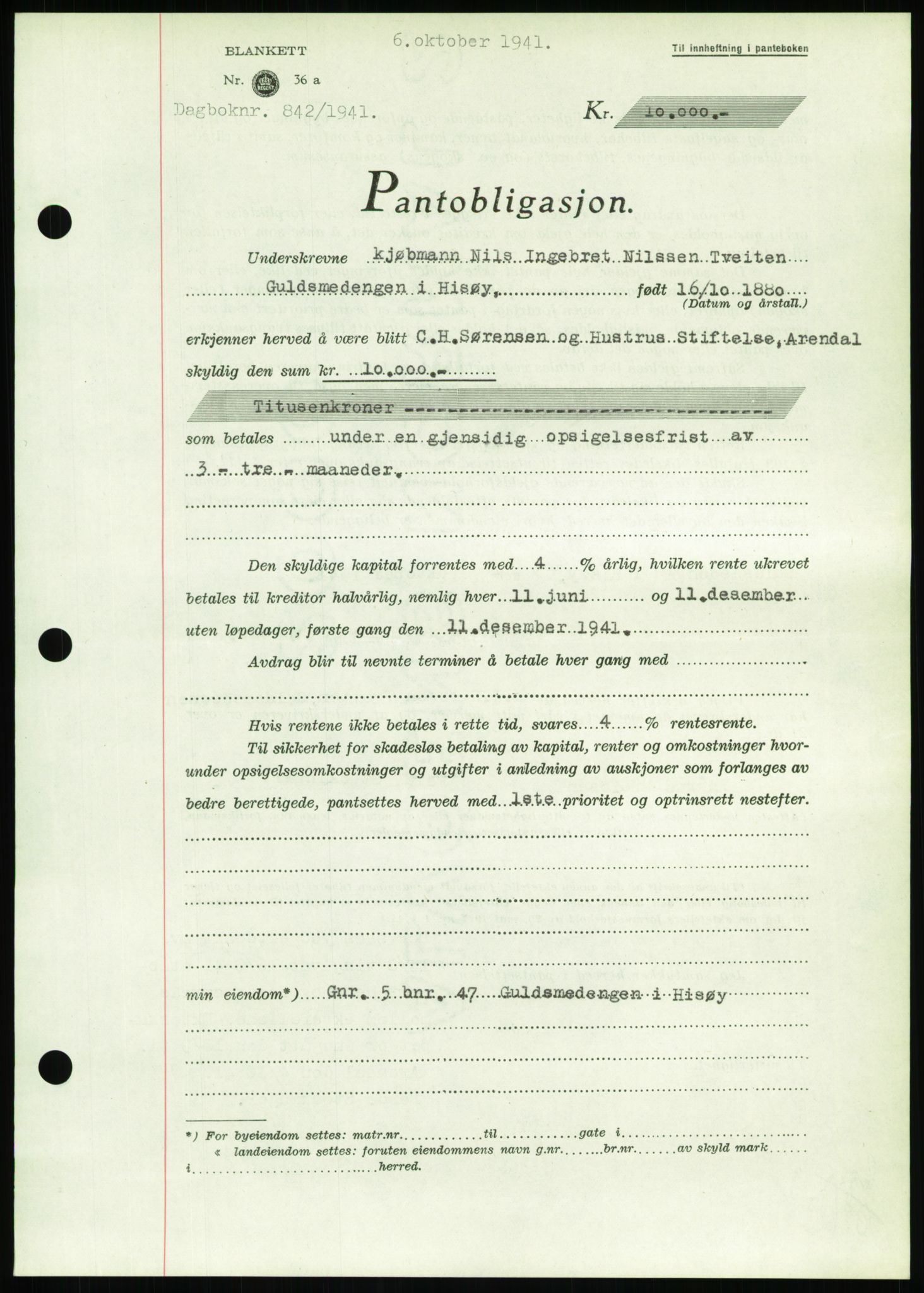 Nedenes sorenskriveri, SAK/1221-0006/G/Gb/Gbb/L0001: Pantebok nr. I, 1939-1942, Dagboknr: 842/1941
