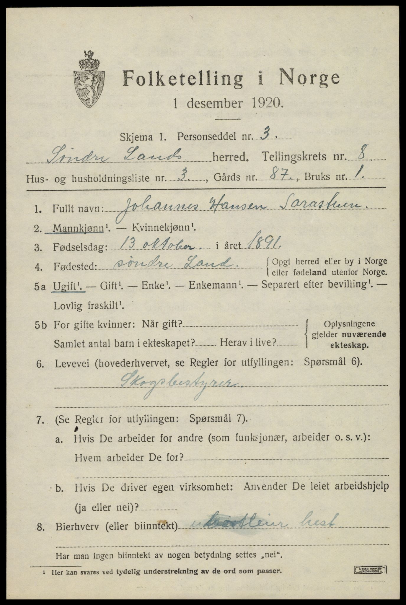 SAH, Folketelling 1920 for 0536 Søndre Land herred, 1920, s. 7619