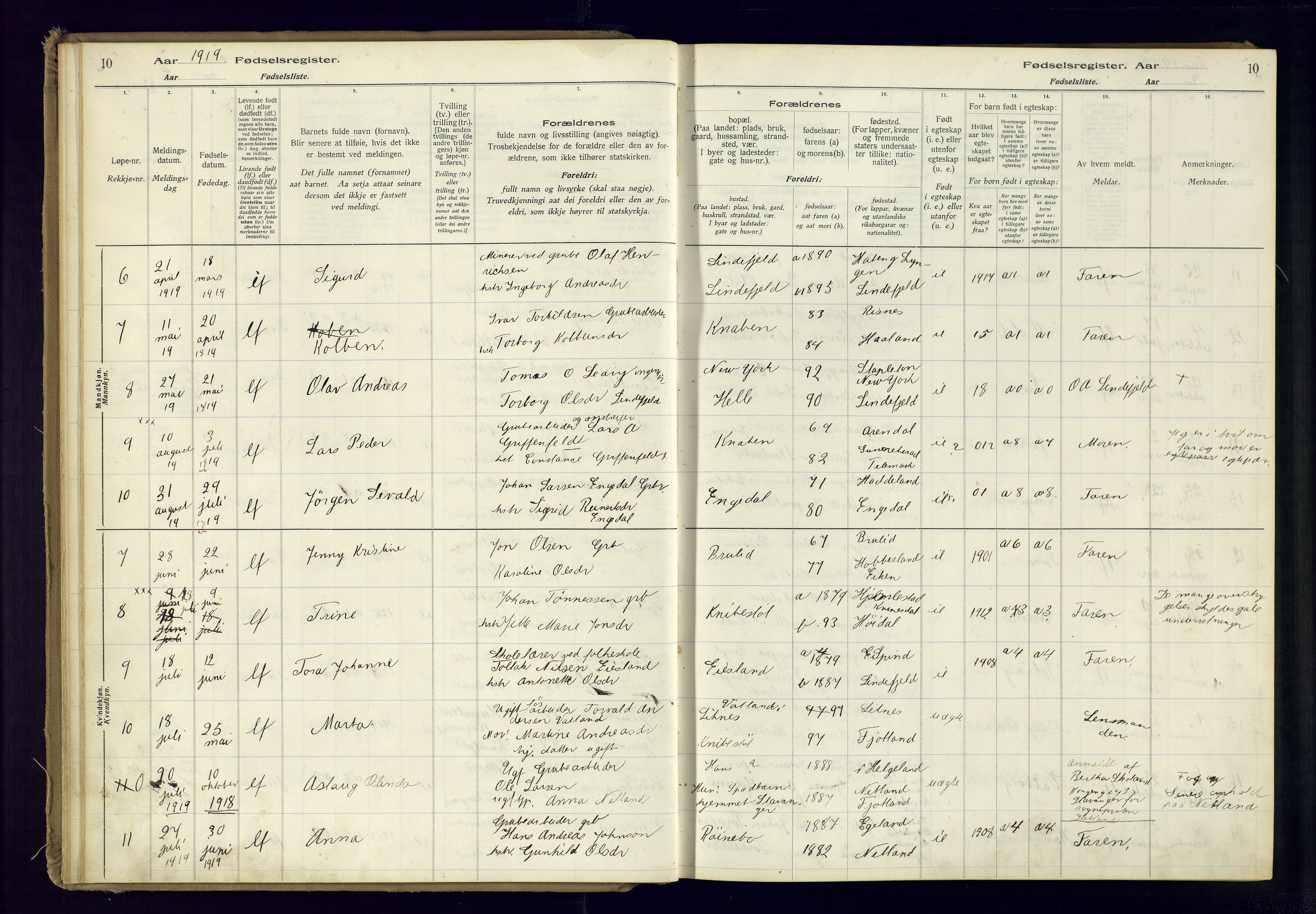 Fjotland sokneprestkontor, AV/SAK-1111-0010/J/Ja/L0001: Fødselsregister nr. 1, 1916-1981, s. 10