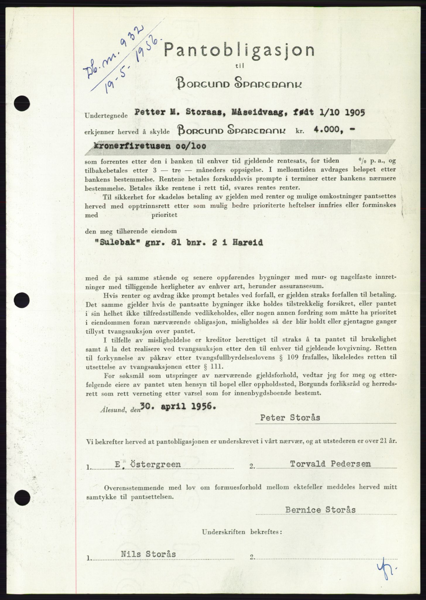 Søre Sunnmøre sorenskriveri, SAT/A-4122/1/2/2C/L0128: Pantebok nr. 16B, 1956-1956, Dagboknr: 932/1956