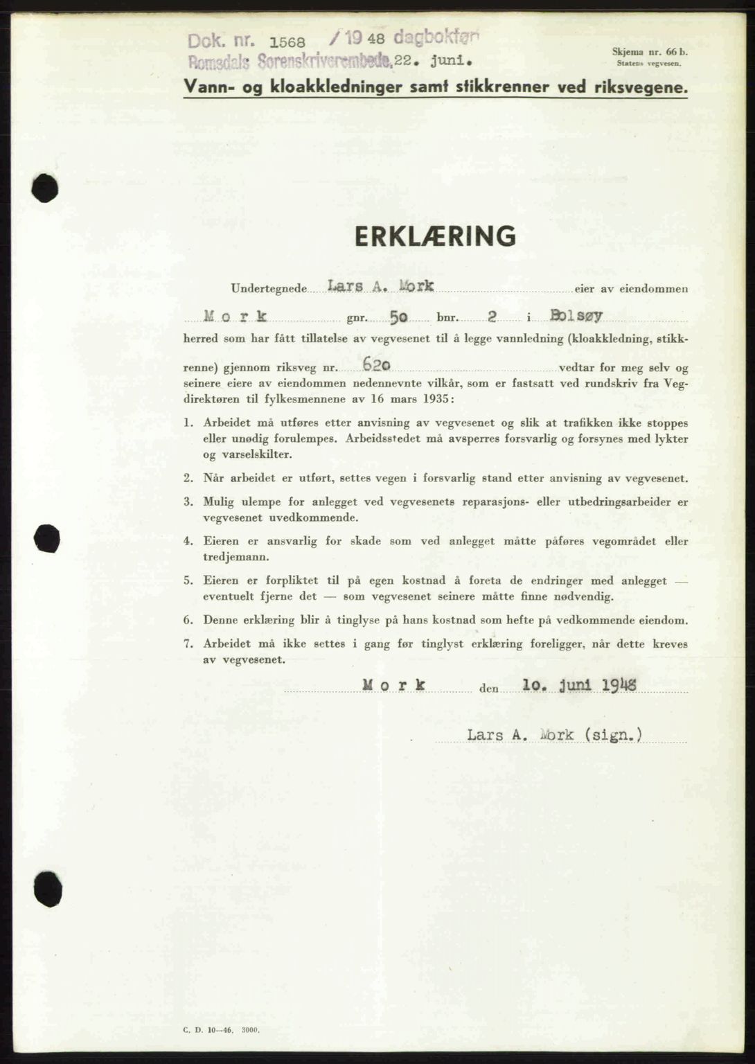 Romsdal sorenskriveri, SAT/A-4149/1/2/2C: Pantebok nr. A26, 1948-1948, Dagboknr: 1568/1948