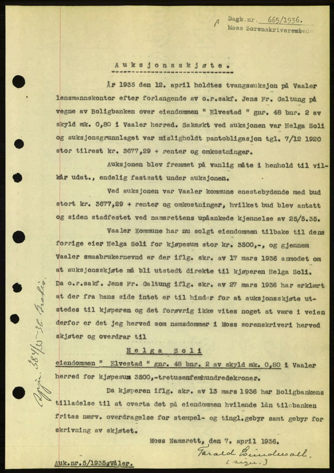 Moss sorenskriveri, SAO/A-10168: Pantebok nr. A1, 1936-1936, Dagboknr: 665/1936