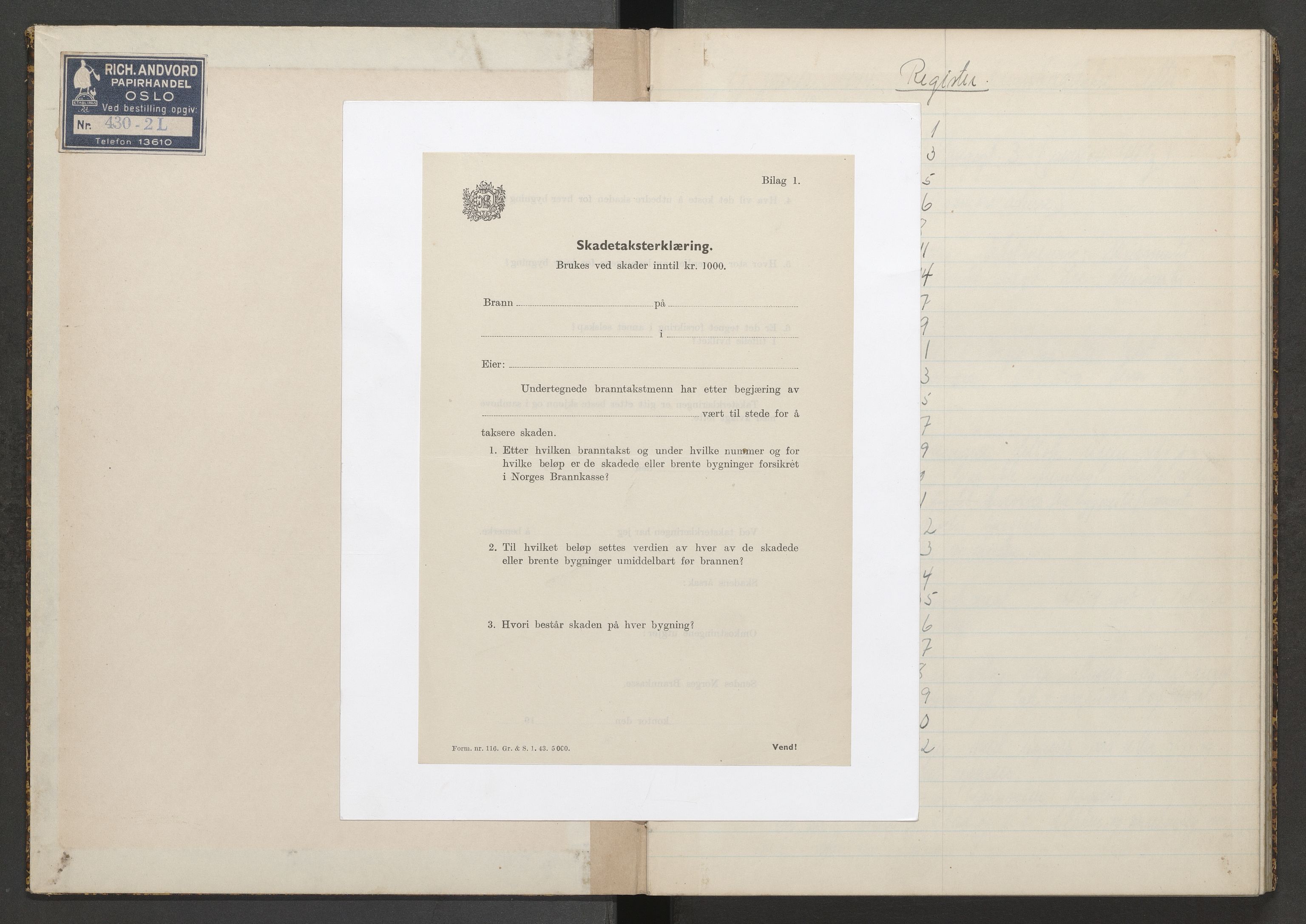 Norges brannkasse, branntakster Oslo, AV/SAO-A-11402/F/Fd/L0008: Krigsskadetakstprotokoll - nr. 9 b, 1944