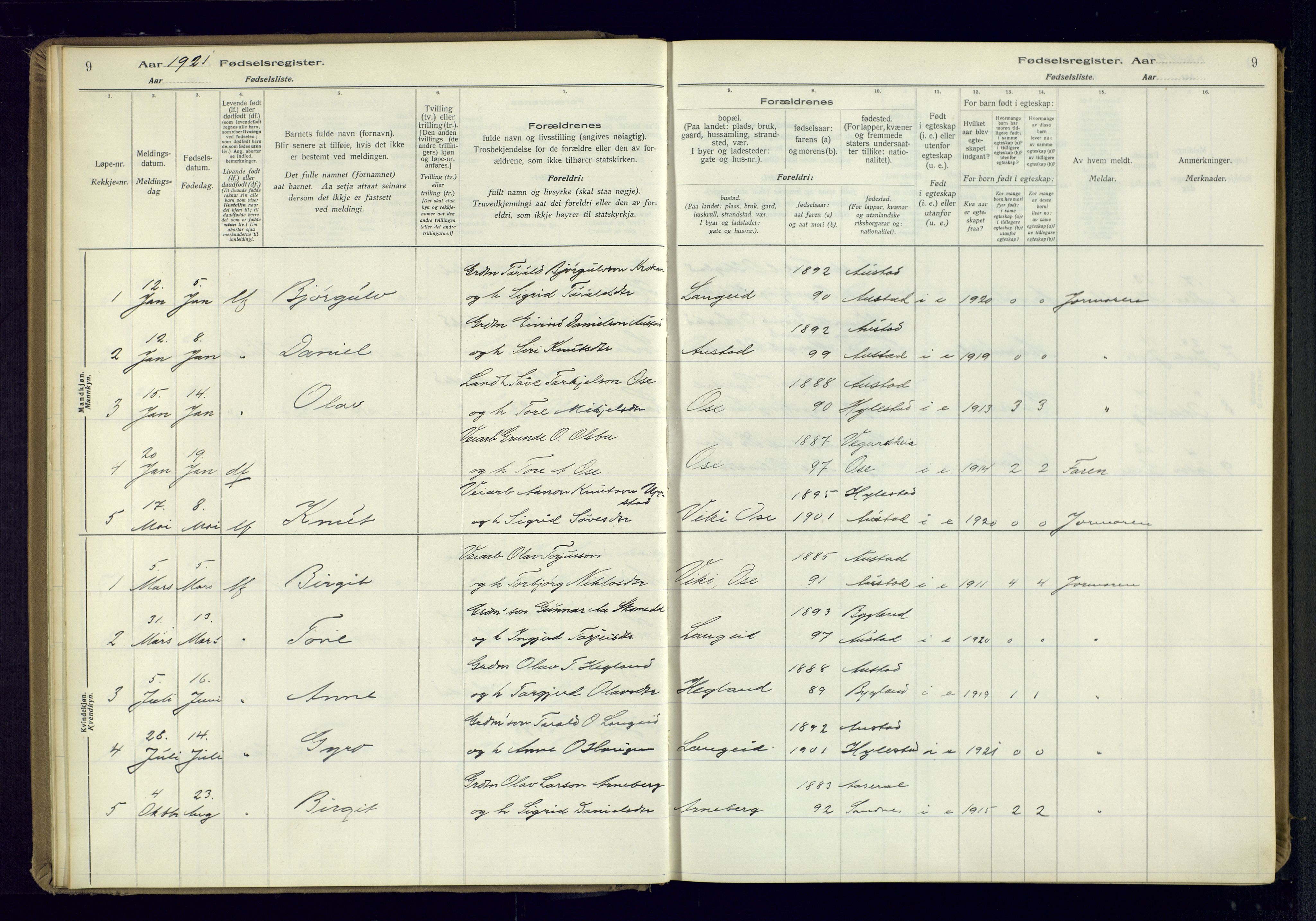 Bygland sokneprestkontor, SAK/1111-0006/J/Ja/L0002: Fødselsregister nr. II.4.3, 1916-1982, s. 9