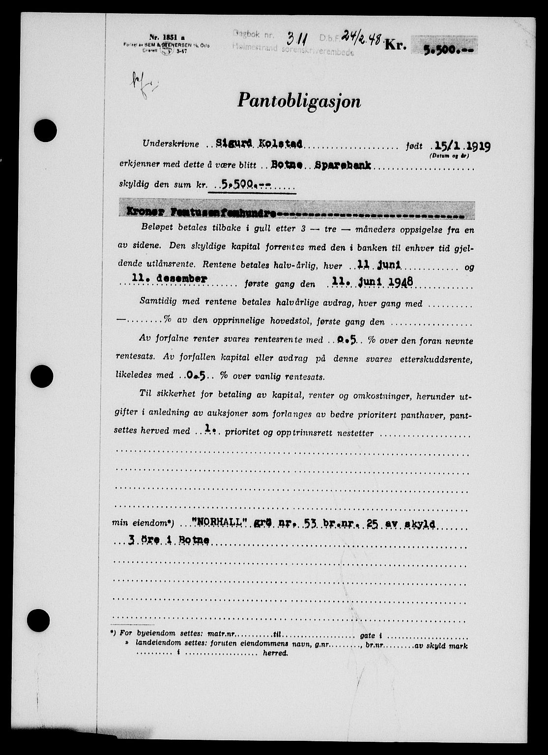 Holmestrand sorenskriveri, SAKO/A-67/G/Ga/Gab/L0058: Pantebok nr. B-58, 1947-1948, Dagboknr: 311/1948
