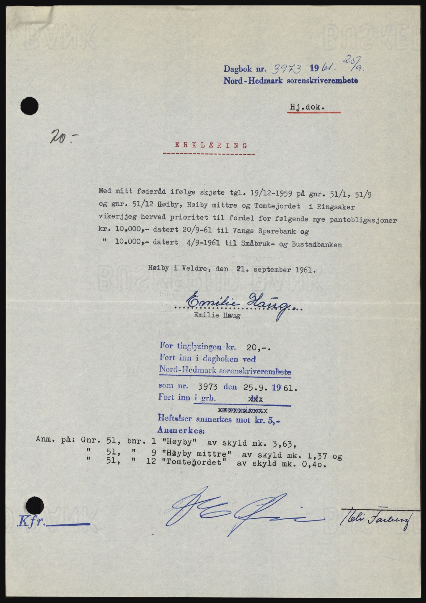 Nord-Hedmark sorenskriveri, SAH/TING-012/H/Hc/L0015: Pantebok nr. 15, 1961-1961, Dagboknr: 3973/1961