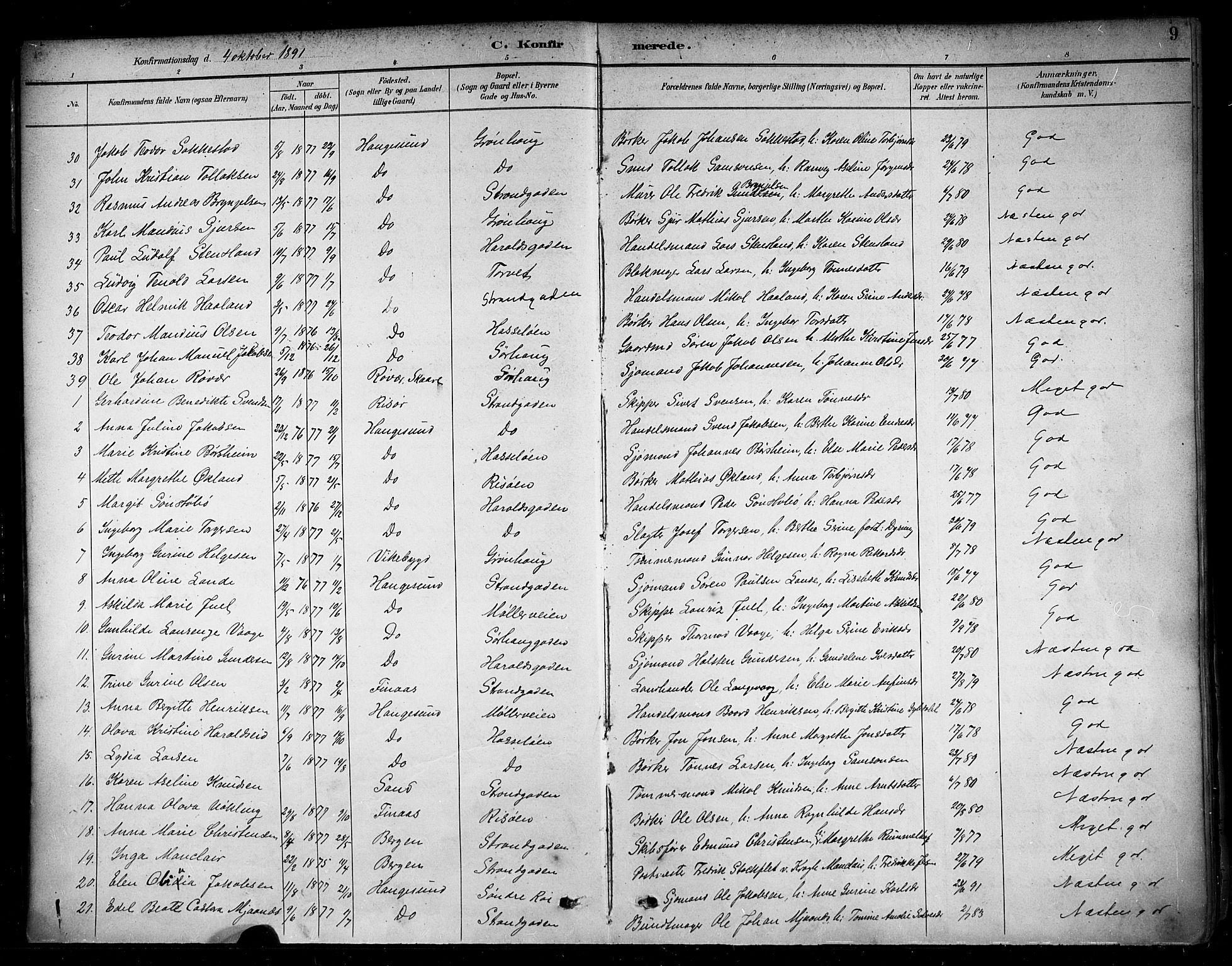 Haugesund sokneprestkontor, AV/SAST-A -101863/H/Ha/Haa/L0005: Ministerialbok nr. A 5, 1891-1903, s. 9