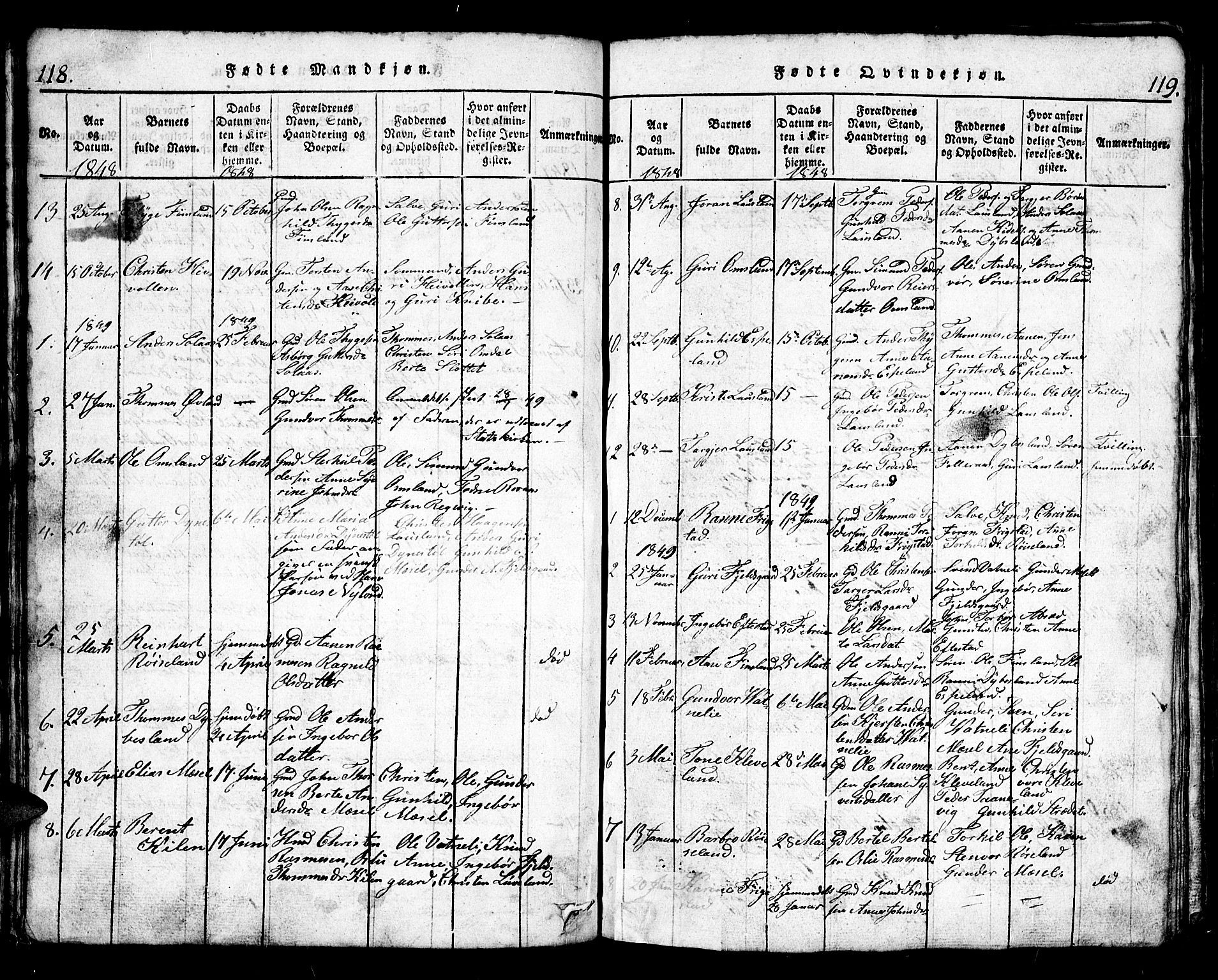 Bjelland sokneprestkontor, AV/SAK-1111-0005/F/Fb/Fbb/L0003: Klokkerbok nr. B 3, 1816-1868, s. 118-119