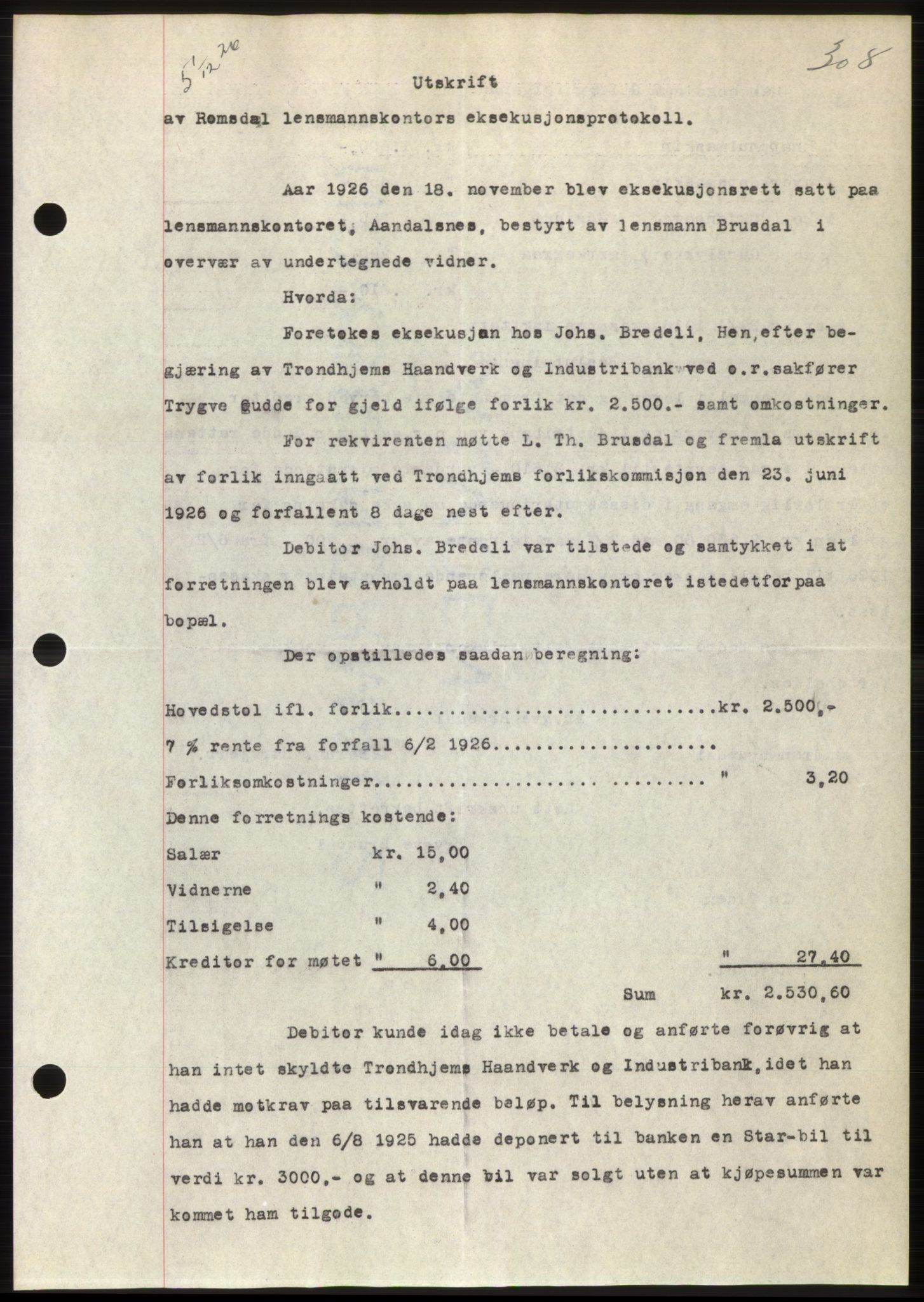 Romsdal sorenskriveri, AV/SAT-A-4149/1/2/2C/L0051: Pantebok nr. 45, 1926-1927, Tingl.dato: 01.12.1926