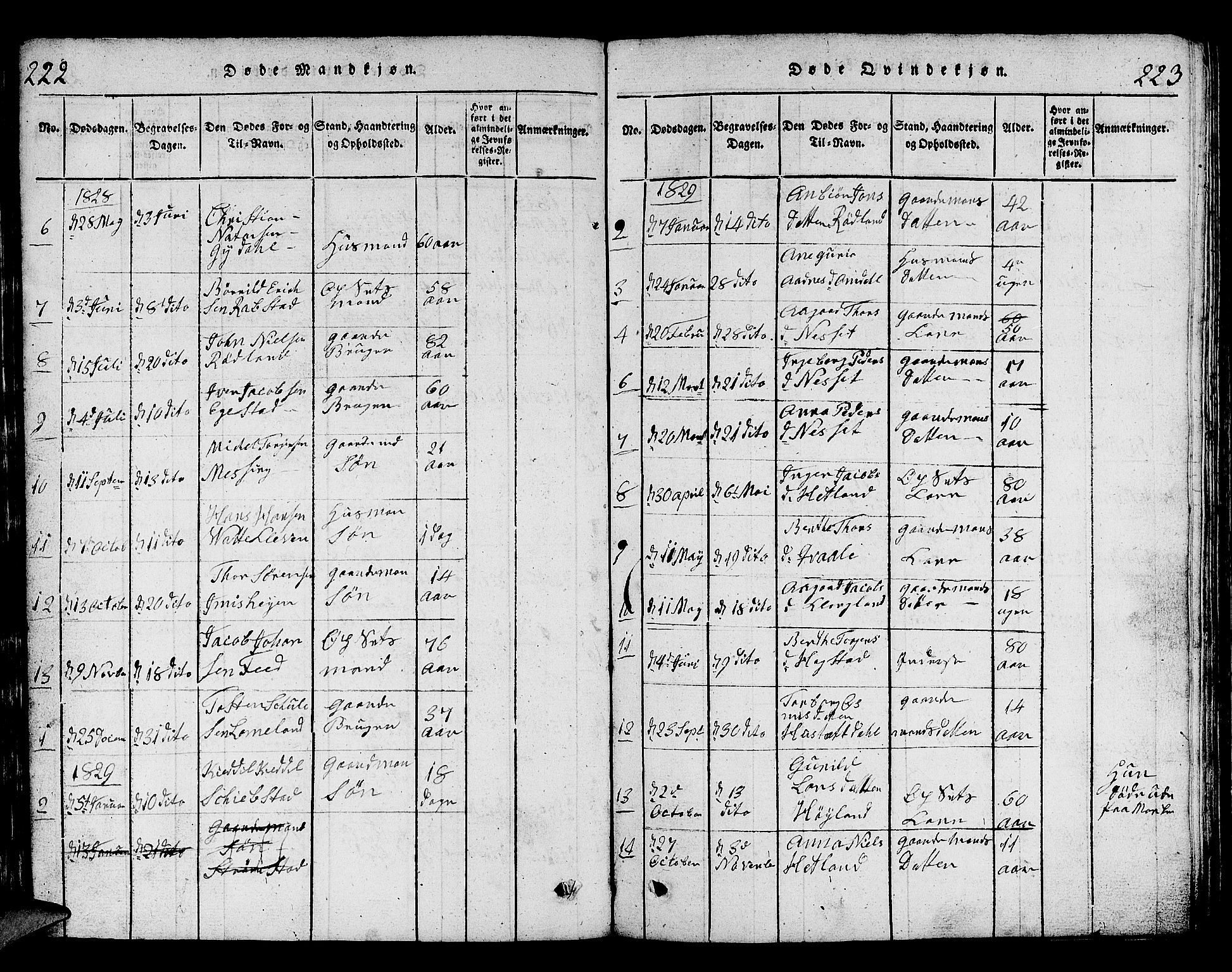 Helleland sokneprestkontor, SAST/A-101810: Klokkerbok nr. B 1, 1815-1841, s. 222-223