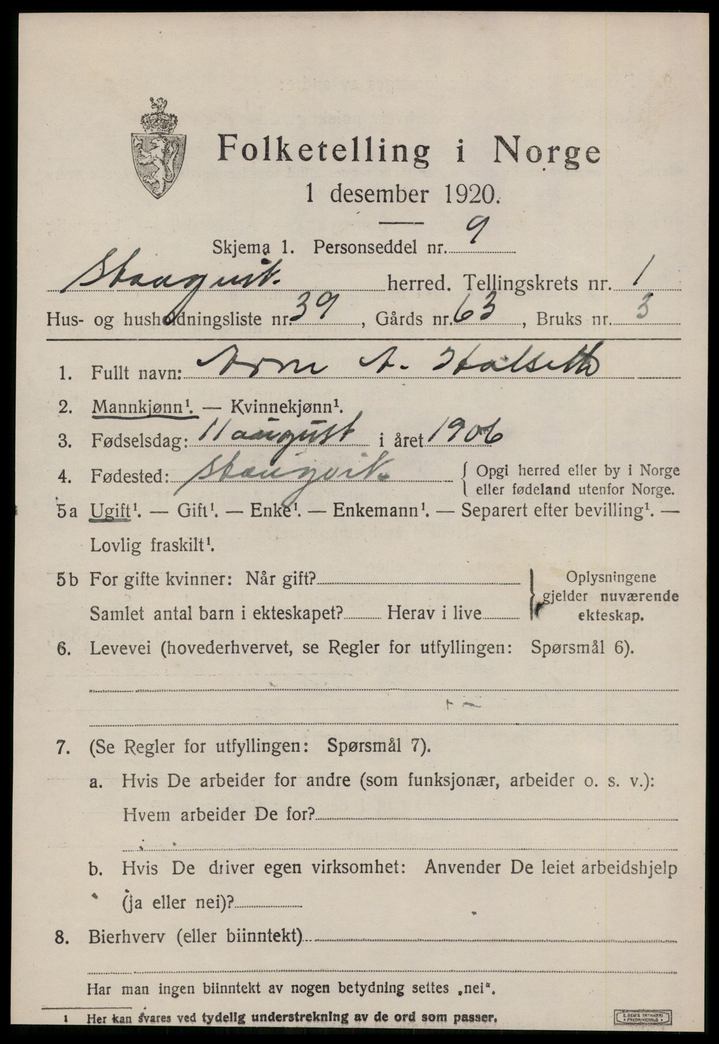 SAT, Folketelling 1920 for 1564 Stangvik herred, 1920, s. 1256
