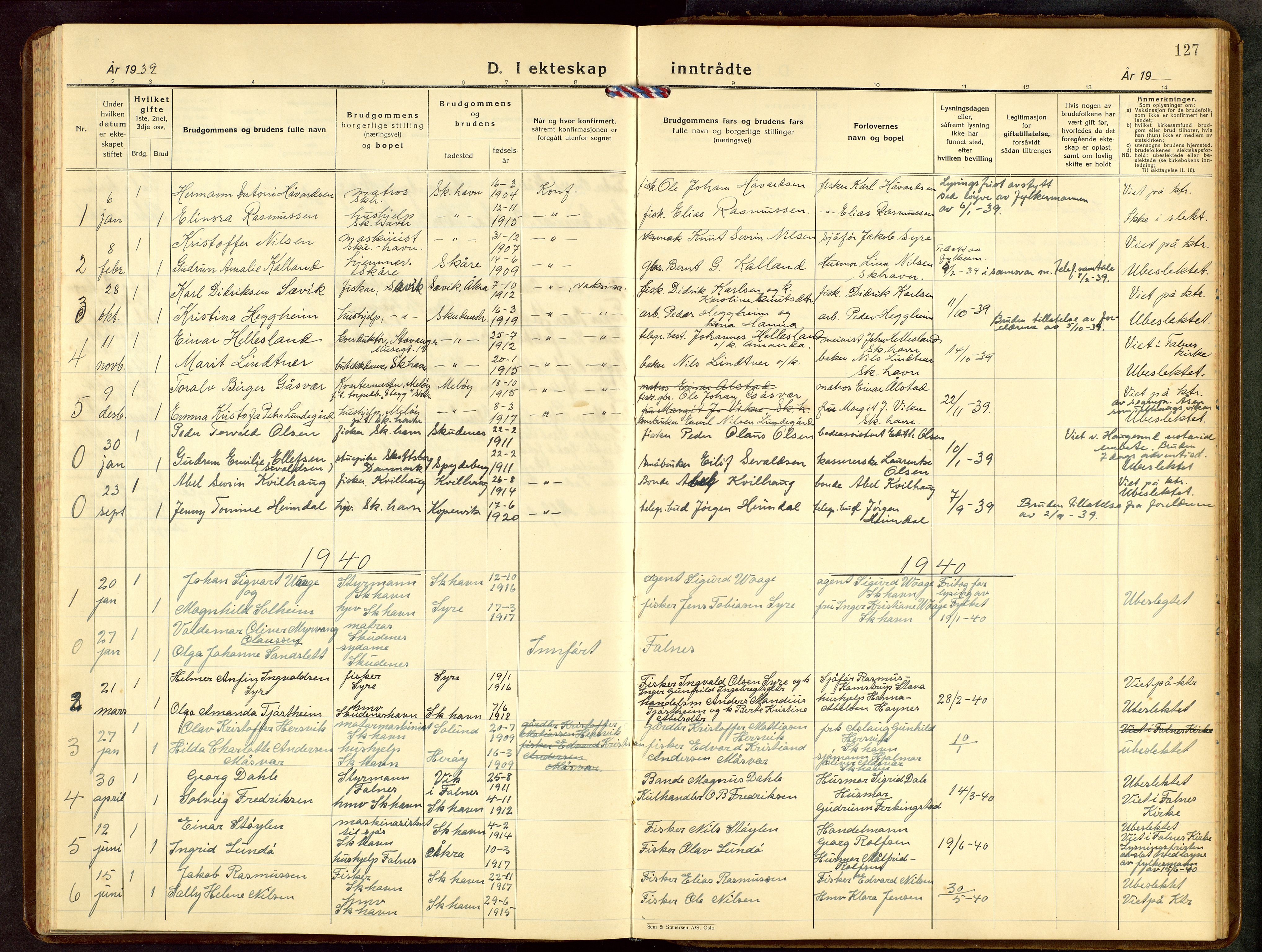 Skudenes sokneprestkontor, AV/SAST-A -101849/H/Ha/Hab/L0014: Klokkerbok nr. B 14, 1937-1956, s. 127