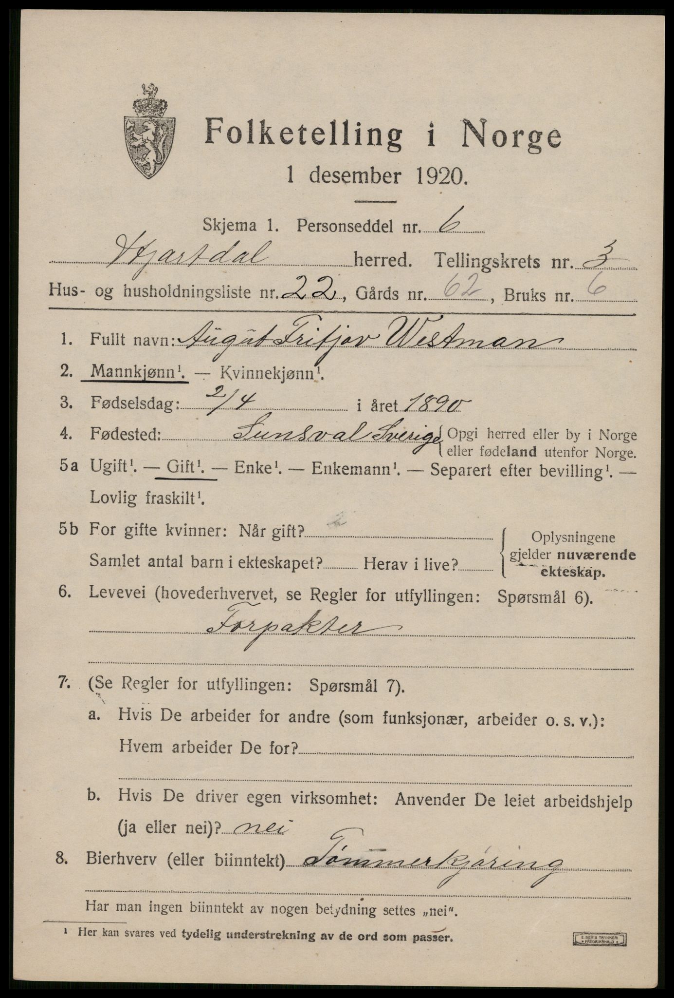 SAKO, Folketelling 1920 for 0827 Hjartdal herred, 1920, s. 2724