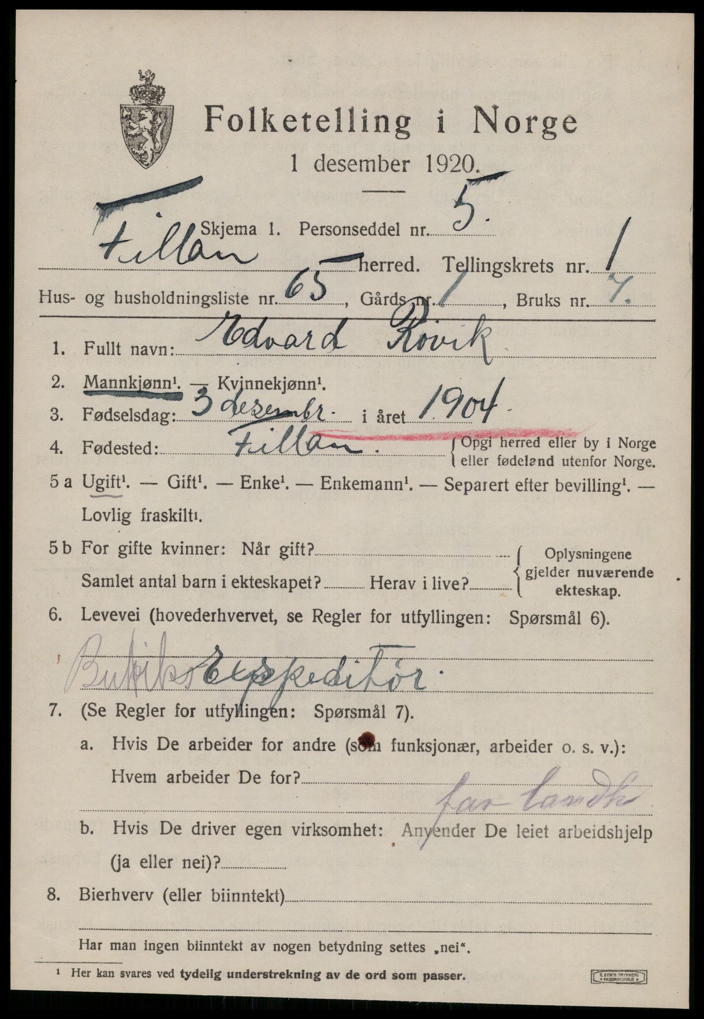 SAT, Folketelling 1920 for 1616 Fillan herred, 1920, s. 1314