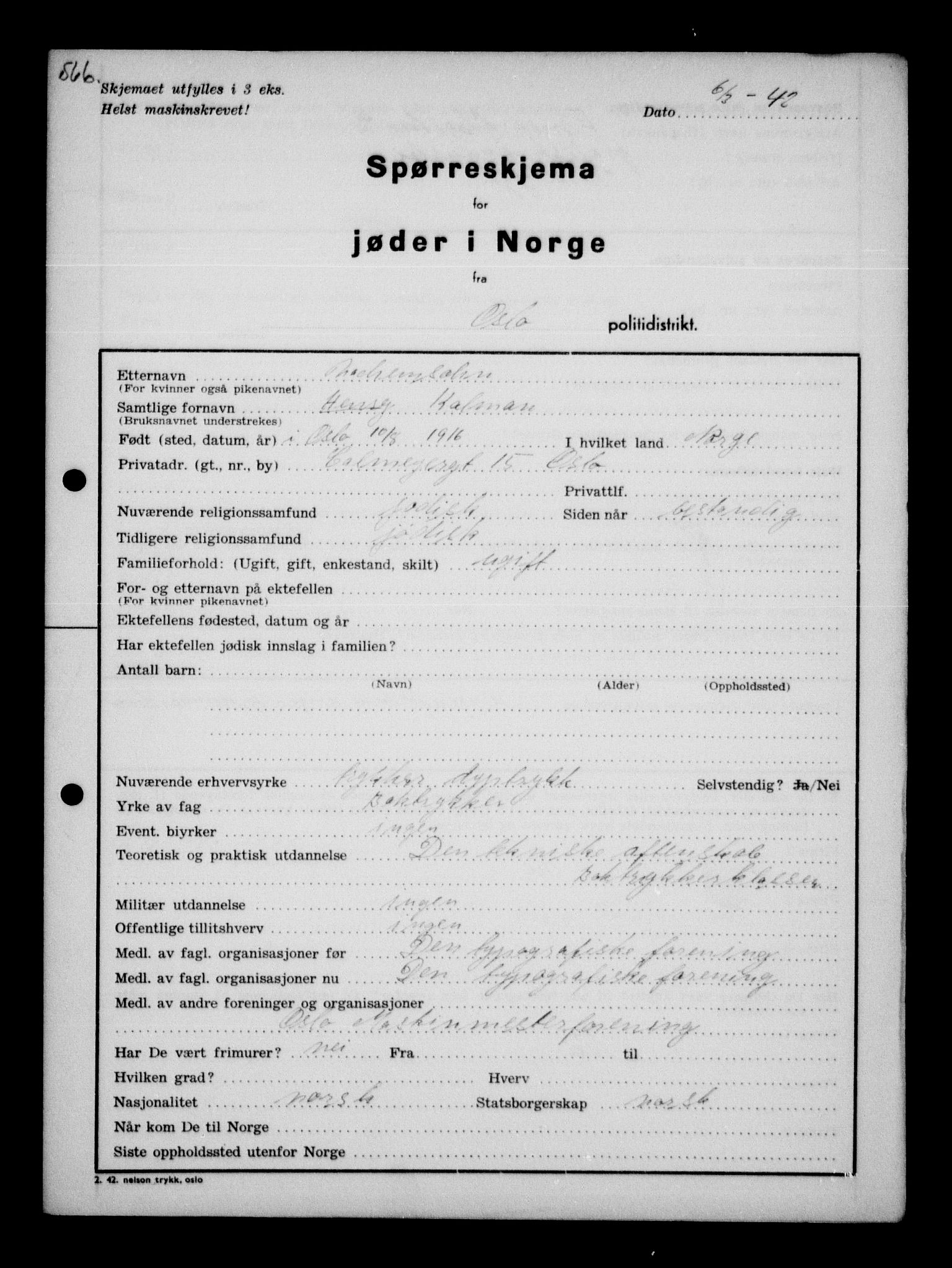 Statspolitiet - Hovedkontoret / Osloavdelingen, AV/RA-S-1329/G/Ga/L0010: Spørreskjema for jøder i Norge, Oslo Hansen-Pintzow, 1942, s. 918