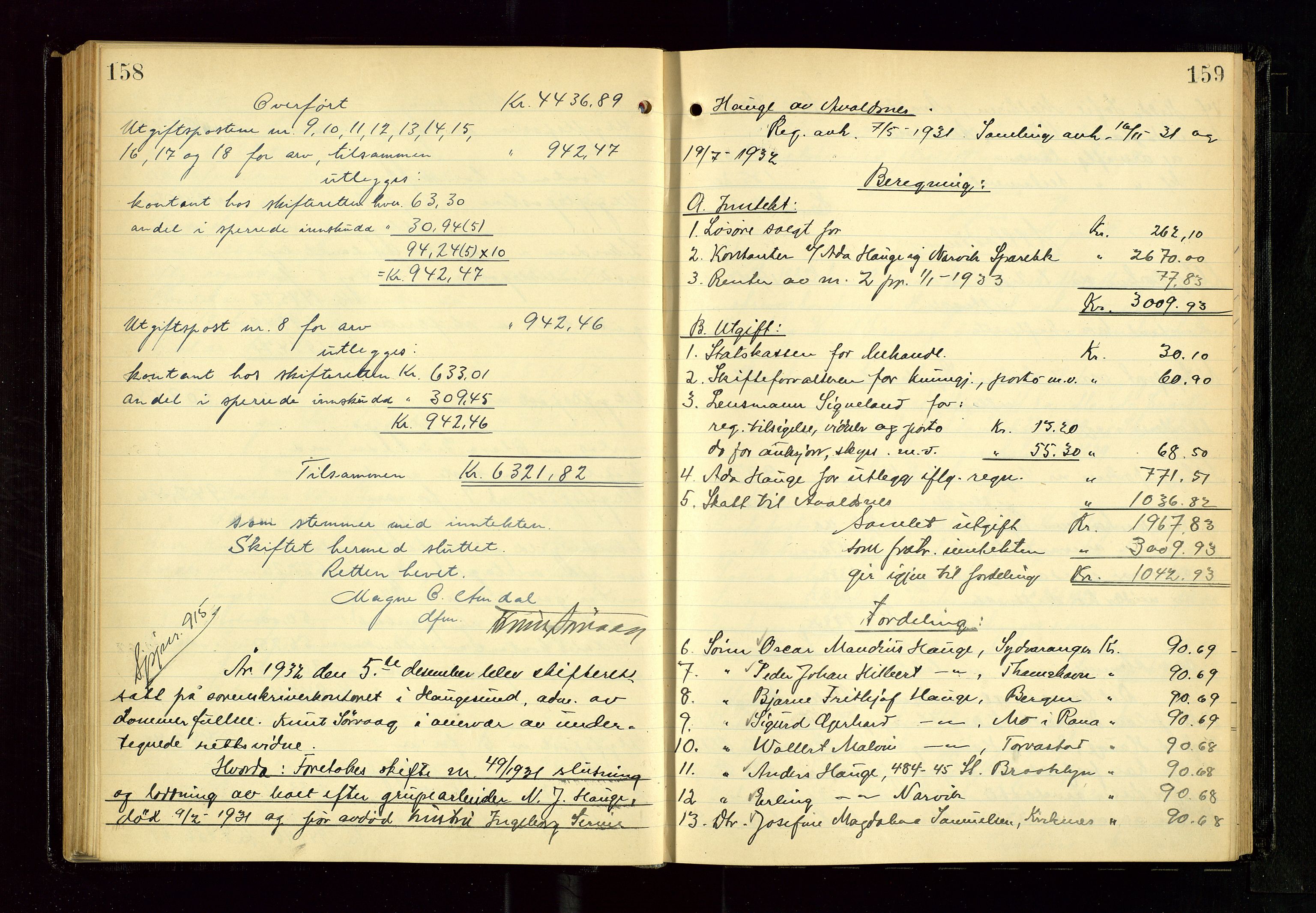 Karmsund sorenskriveri, AV/SAST-A-100311/01/IV/IVGB/L0005: SKIFTEUTLODNINGSPROTOKOLL, 1931-1936, s. 158-159