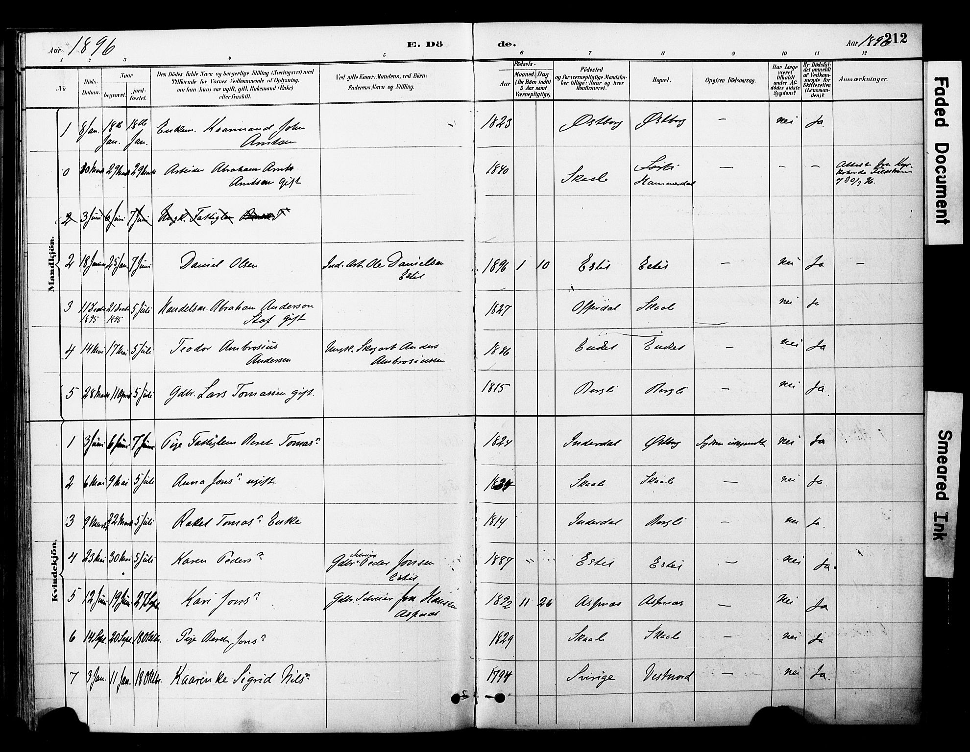 Ministerialprotokoller, klokkerbøker og fødselsregistre - Nord-Trøndelag, SAT/A-1458/757/L0505: Ministerialbok nr. 757A01, 1882-1904, s. 212