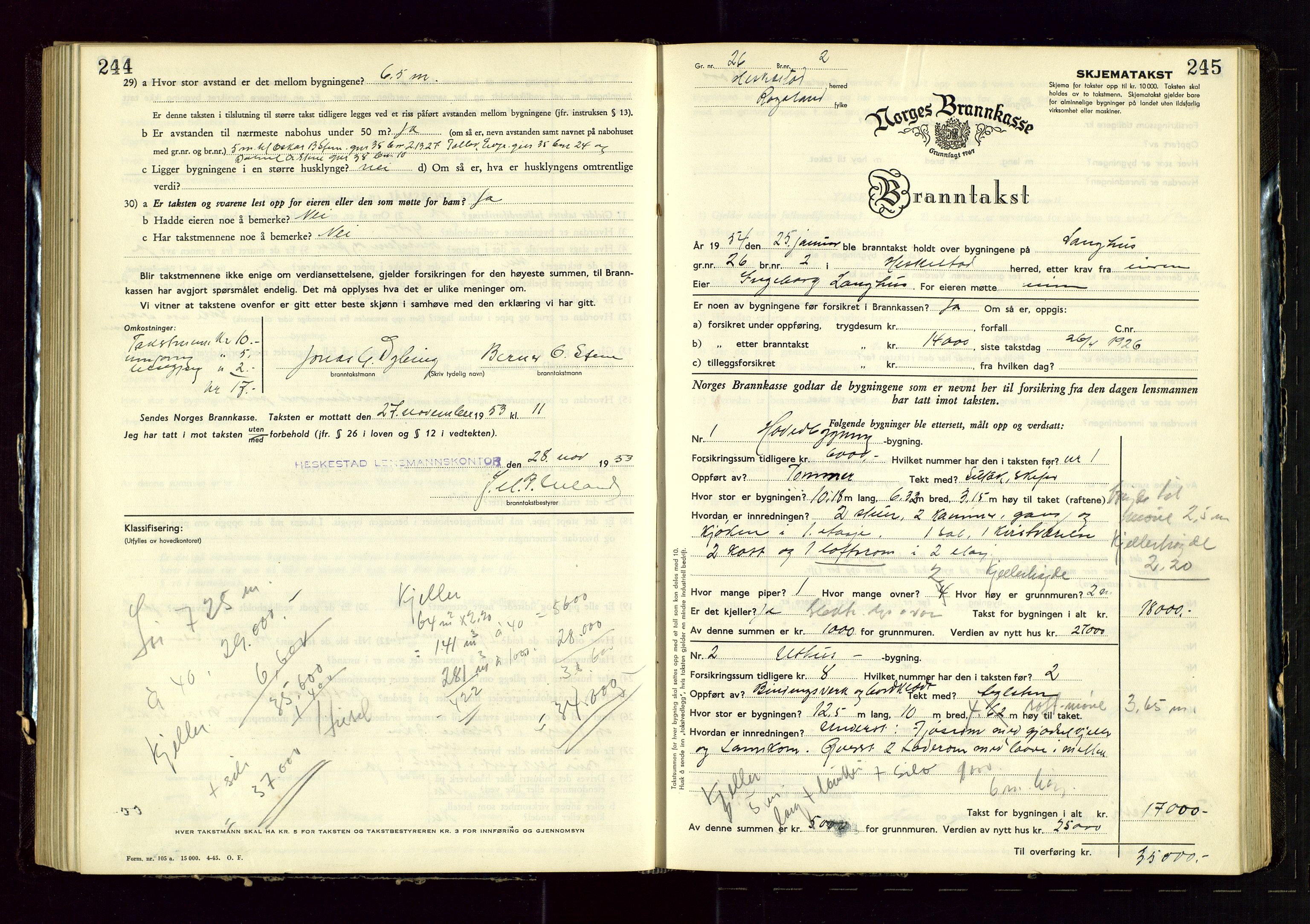 Heskestad lensmannskontor, SAST/A-100304/Gob/L0005: "Brandtakstprotokoll", 1946-1955, s. 244-245