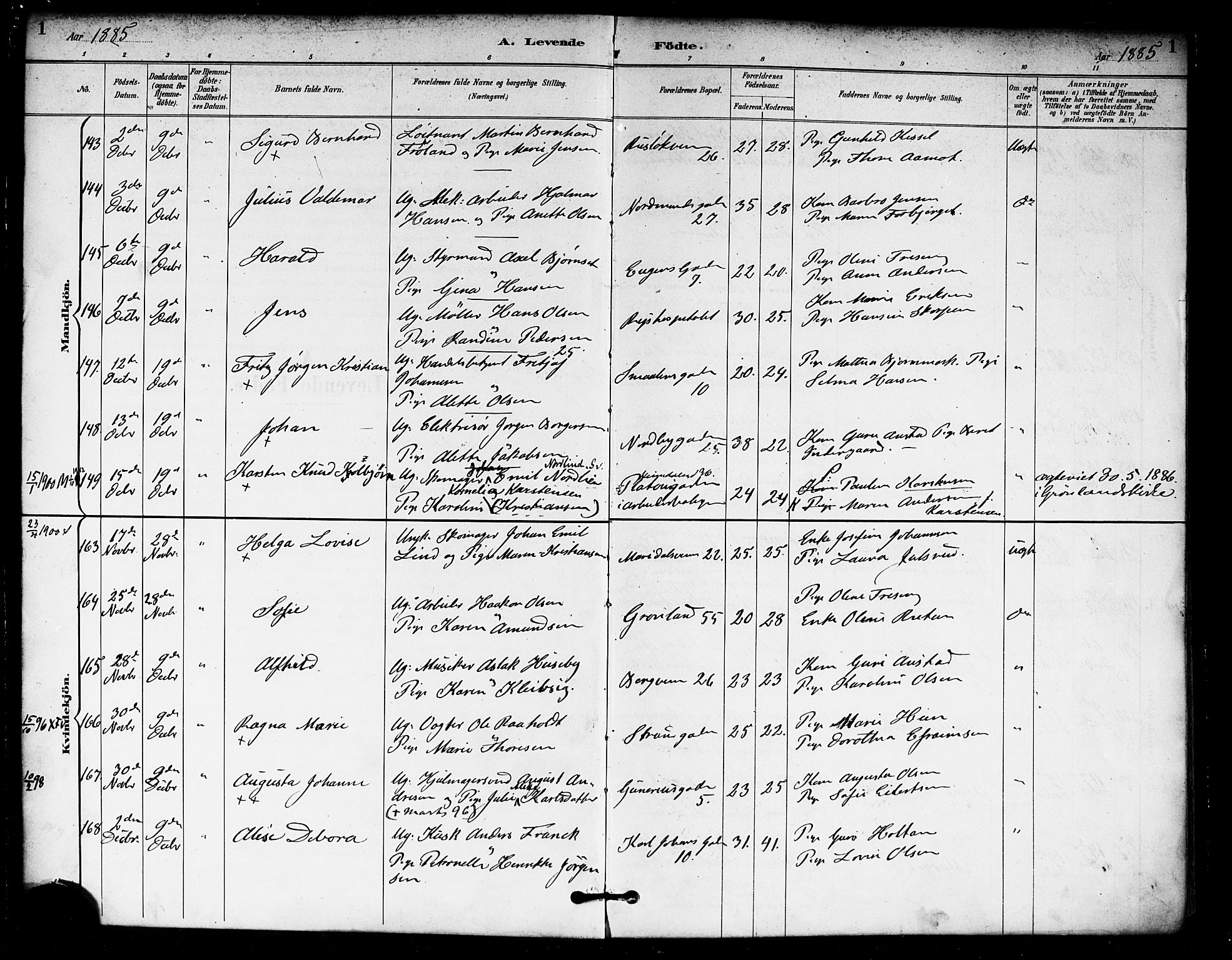 Rikshospitalet prestekontor Kirkebøker, AV/SAO-A-10309b/F/L0007: Ministerialbok nr. 7, 1885-1890, s. 1