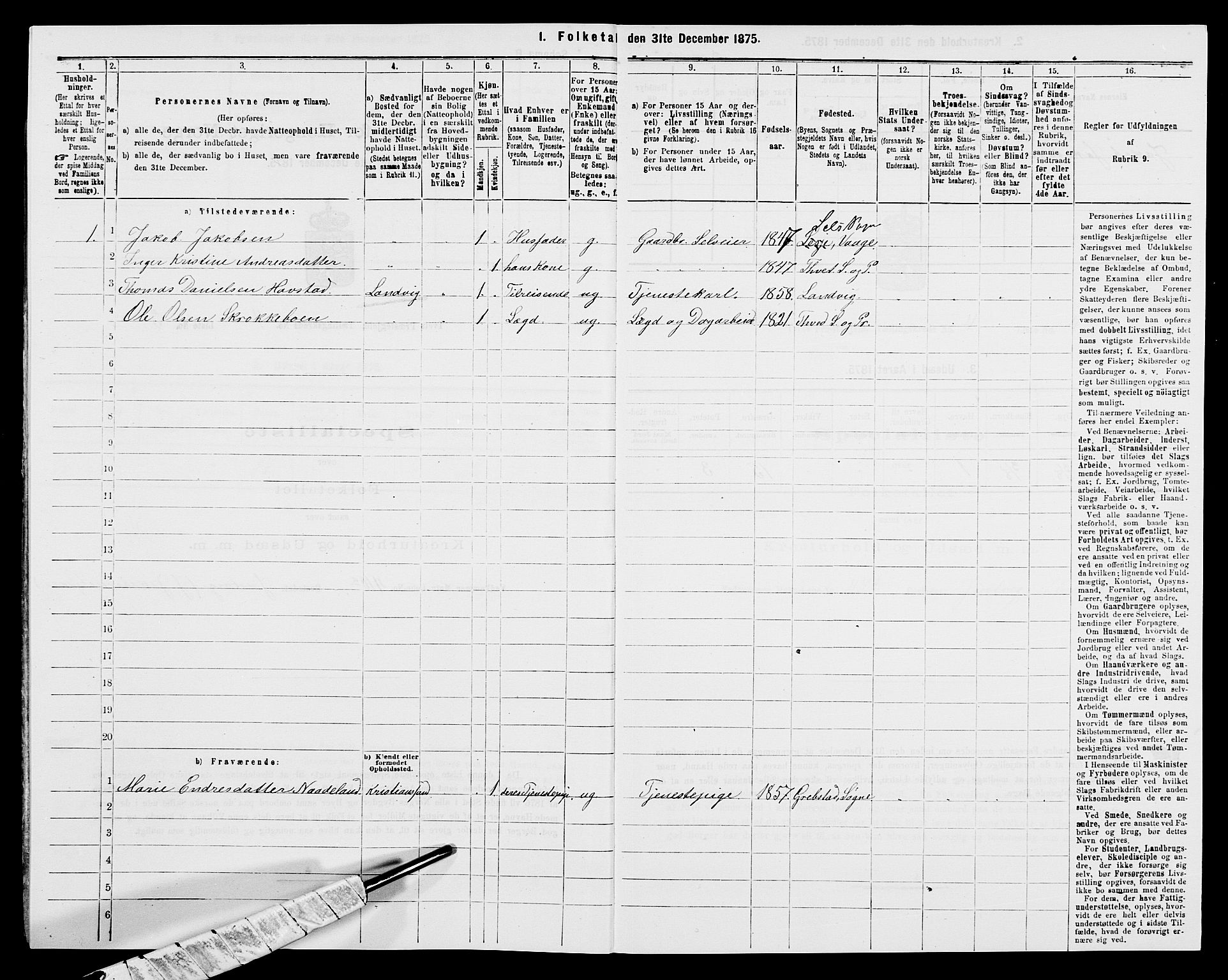 SAK, Folketelling 1875 for 1013P Tveit prestegjeld, 1875, s. 508