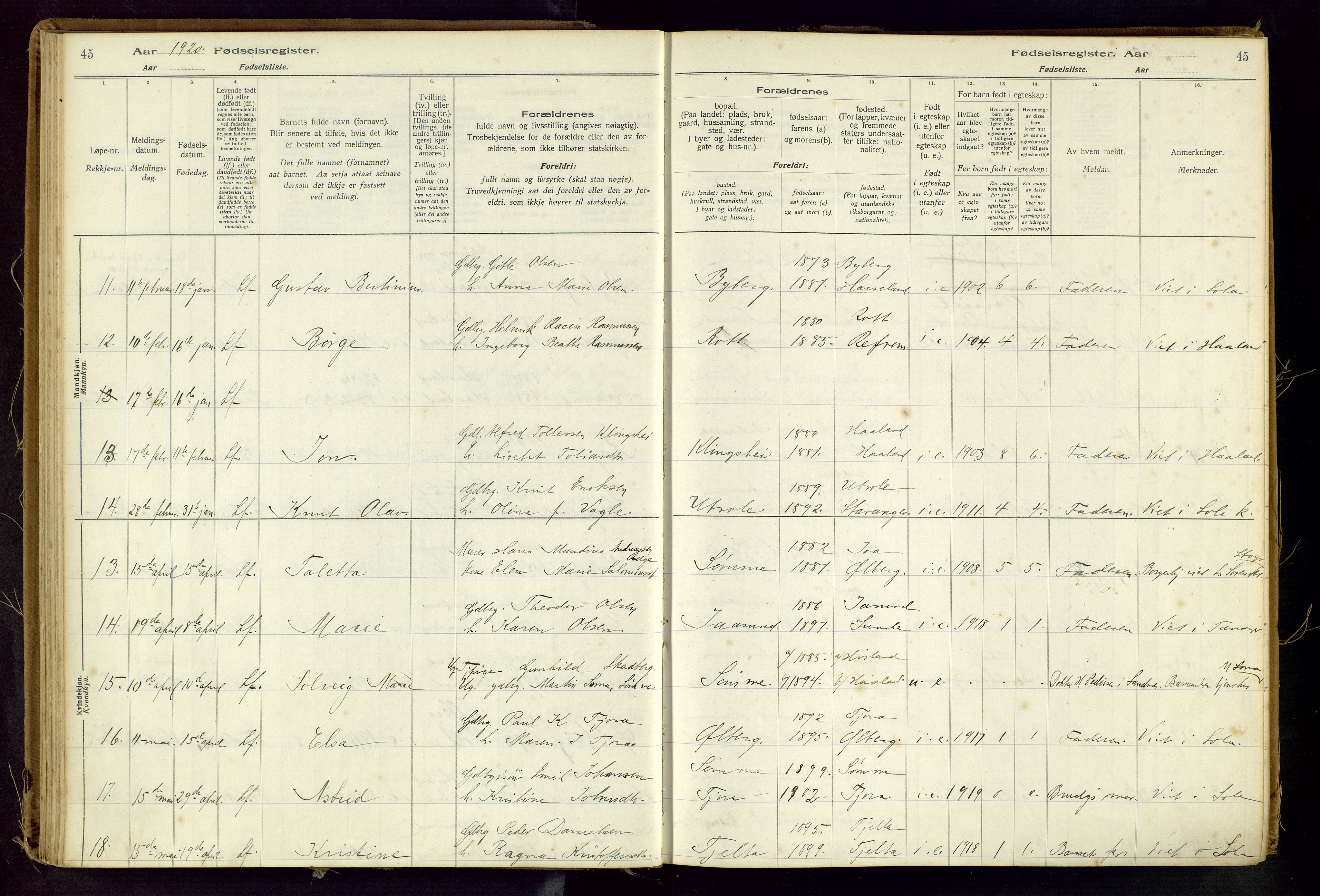 Håland sokneprestkontor, AV/SAST-A-101802/001/704BA/L0001: Fødselsregister nr. 1, 1916-1936, s. 45