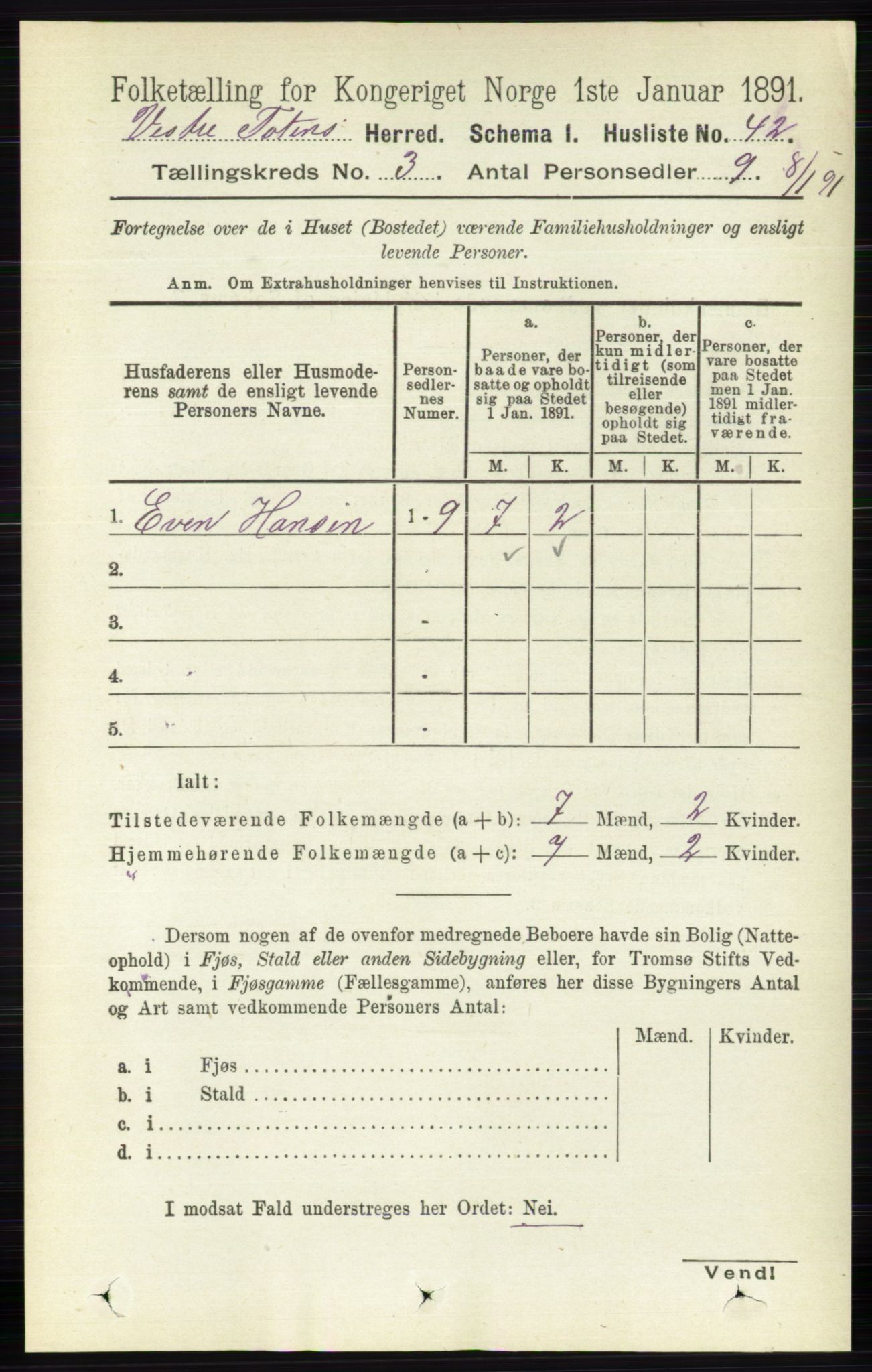 RA, Folketelling 1891 for 0529 Vestre Toten herred, 1891, s. 1906