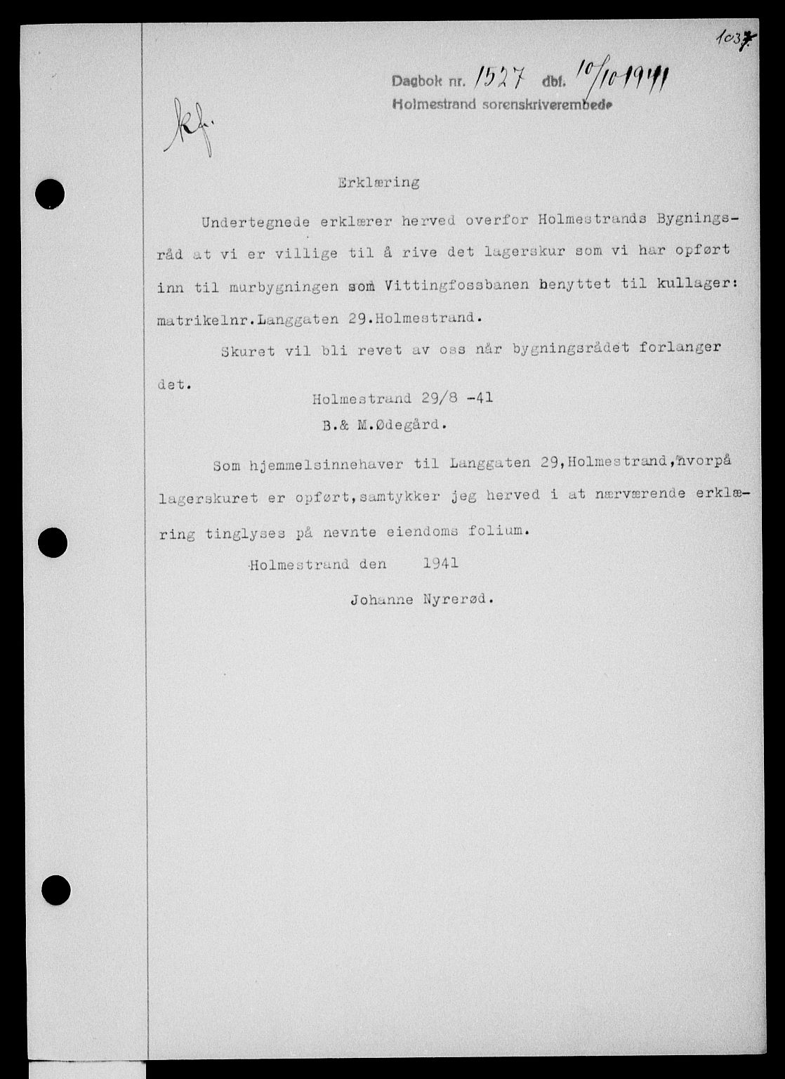 Holmestrand sorenskriveri, SAKO/A-67/G/Ga/Gaa/L0053: Pantebok nr. A-53, 1941-1941, Dagboknr: 1527/1941