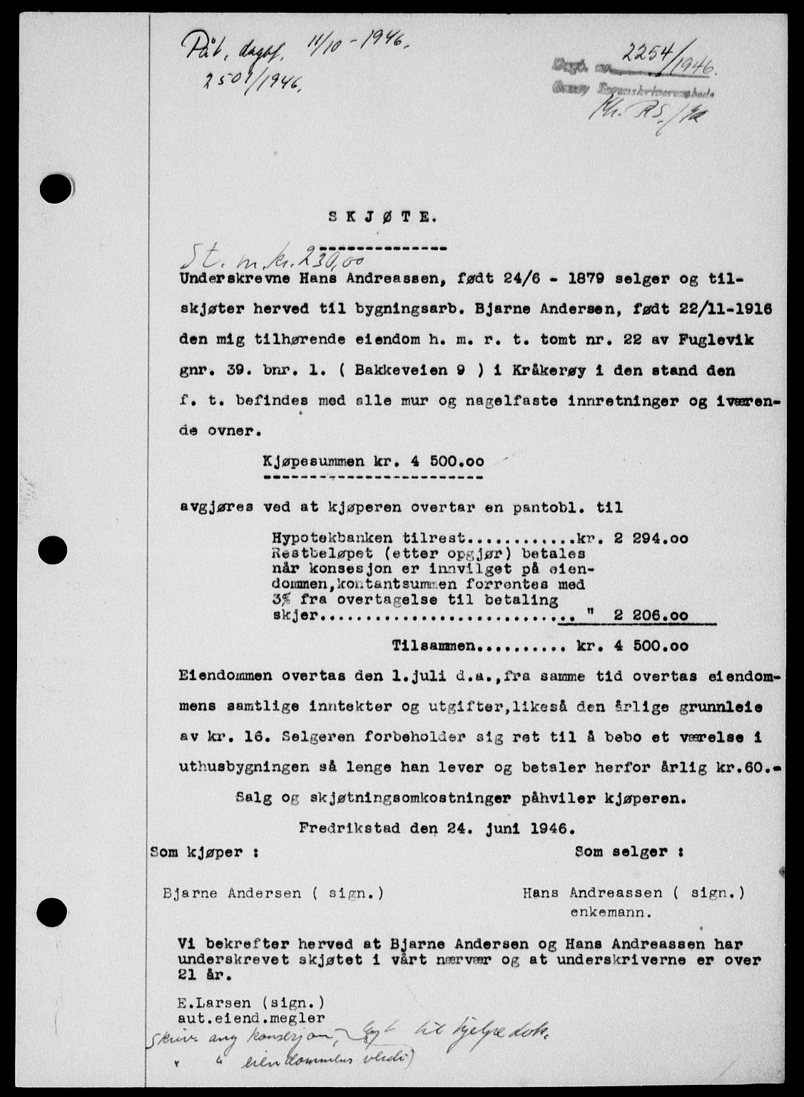 Onsøy sorenskriveri, SAO/A-10474/G/Ga/Gab/L0017: Pantebok nr. II A-17, 1946-1946, Dagboknr: 2256/1946