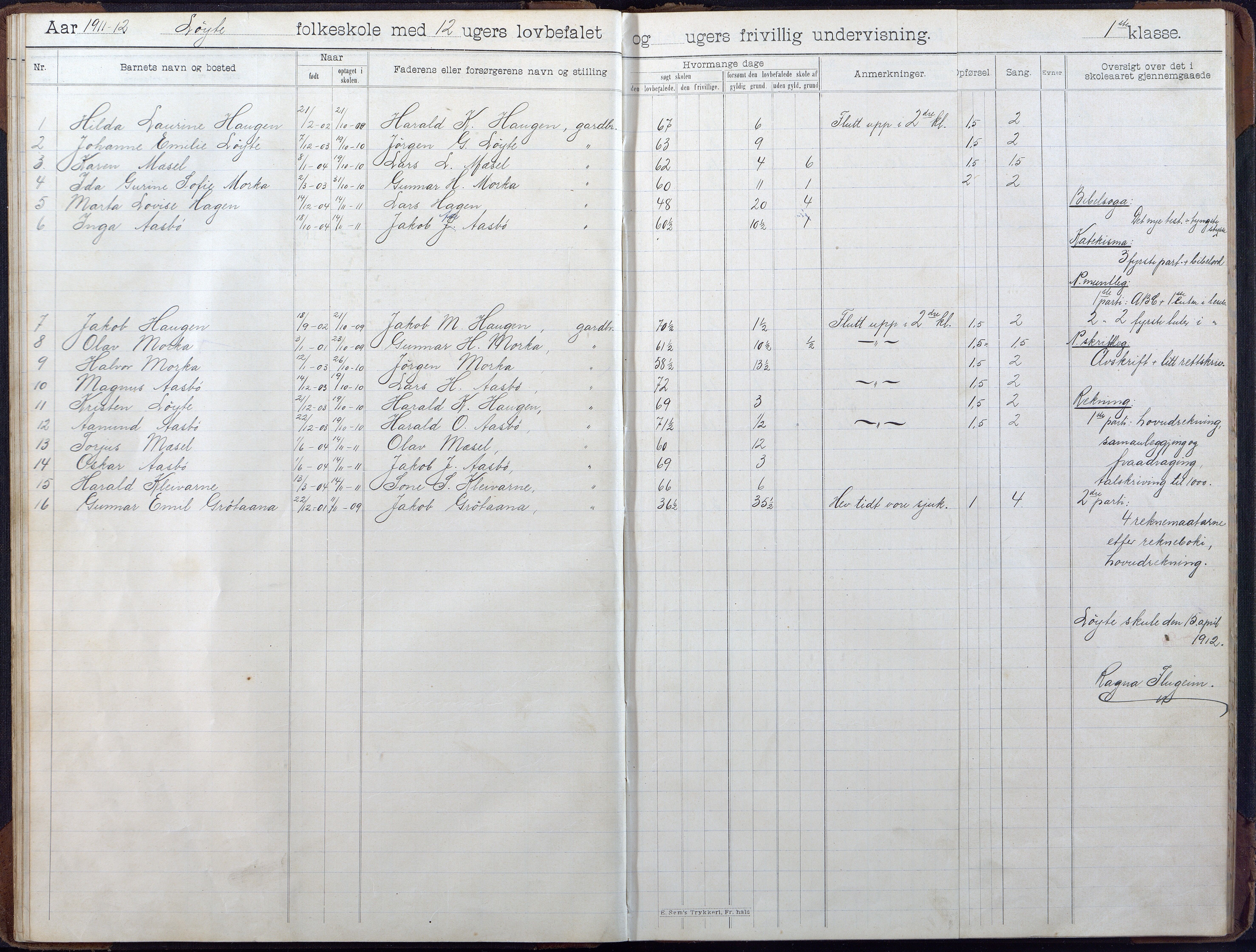 Gjerstad Kommune, Løite Skole, AAKS/KA0911-550c/F02/L0001: Skoleprotokoll, 1903-1914