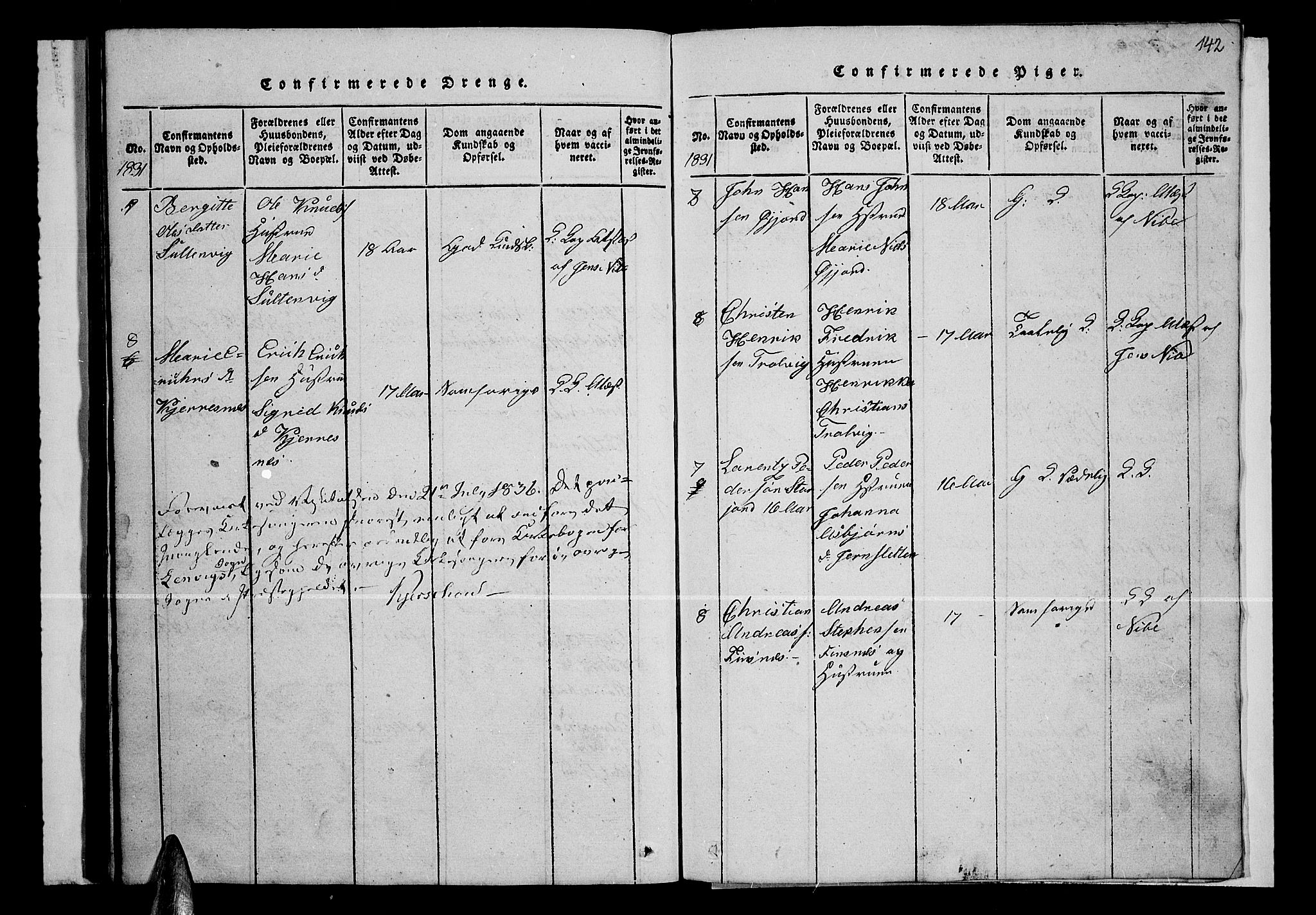 Lenvik sokneprestembete, SATØ/S-1310/H/Ha/Hab/L0001klokker: Klokkerbok nr. 1, 1822-1837, s. 142