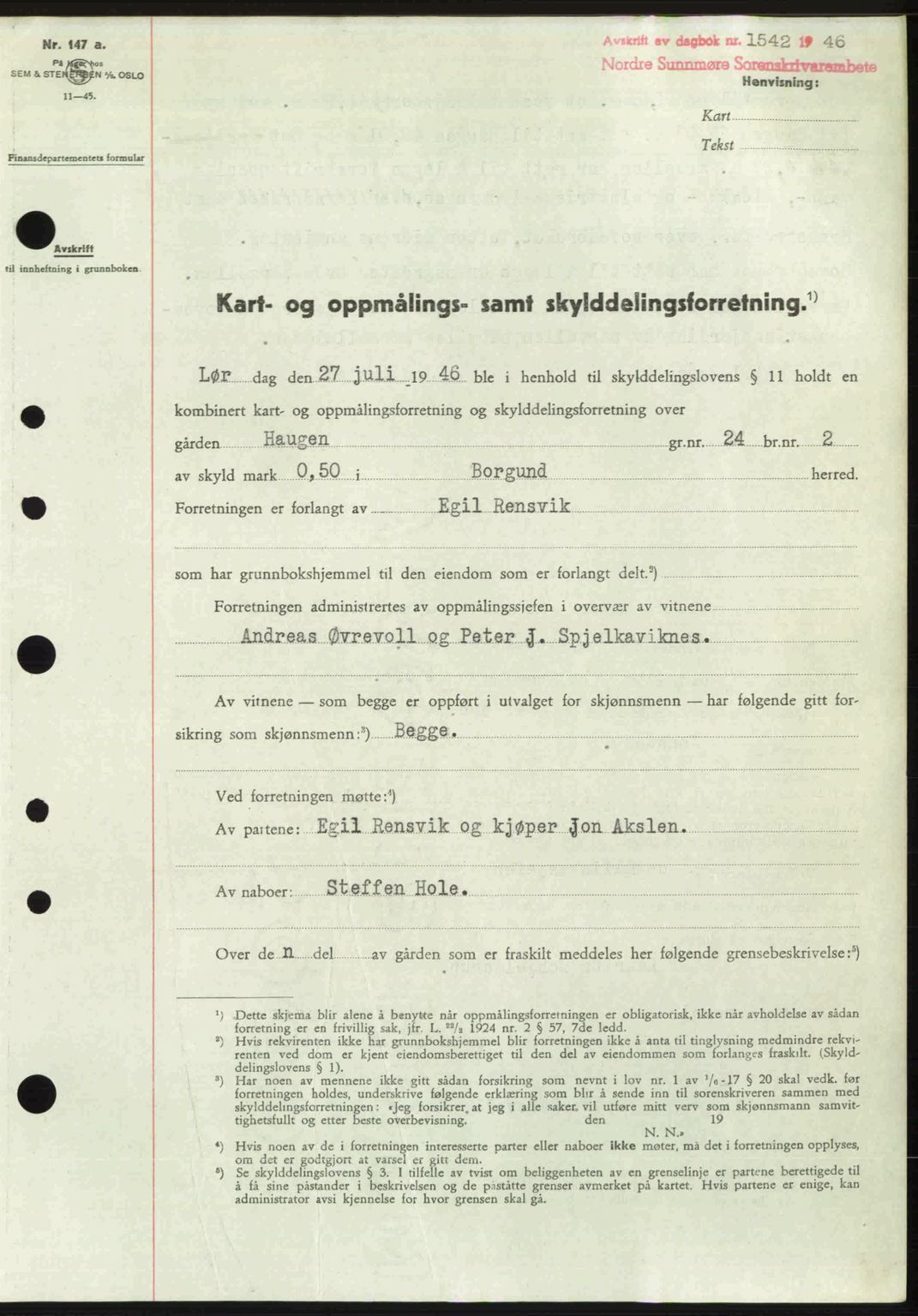 Nordre Sunnmøre sorenskriveri, SAT/A-0006/1/2/2C/2Ca: Pantebok nr. A22, 1946-1946, Dagboknr: 1542/1946