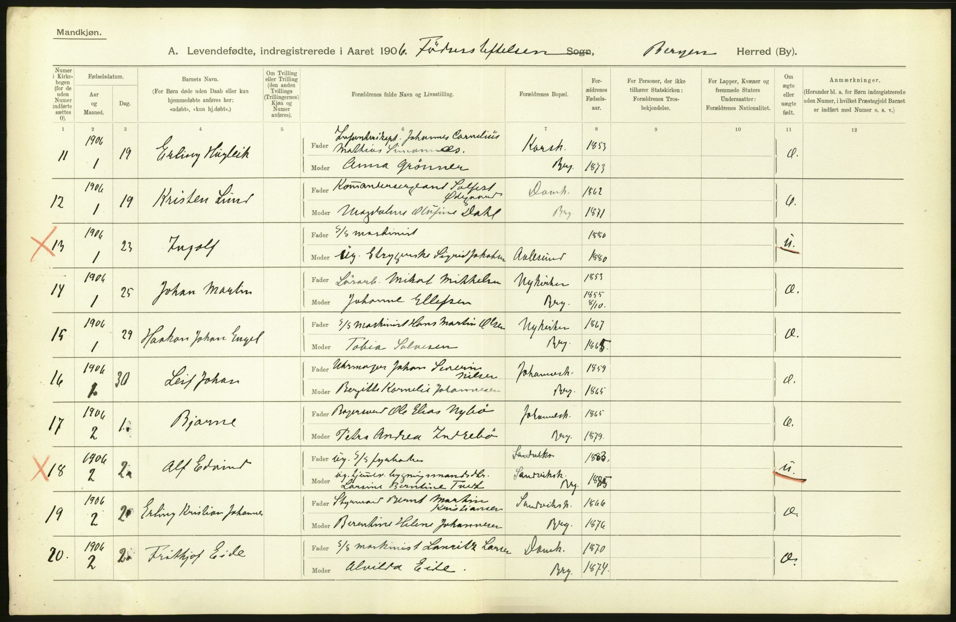 Statistisk sentralbyrå, Sosiodemografiske emner, Befolkning, AV/RA-S-2228/D/Df/Dfa/Dfad/L0031: Bergen: Levendefødte menn og kvinner., 1906, s. 34
