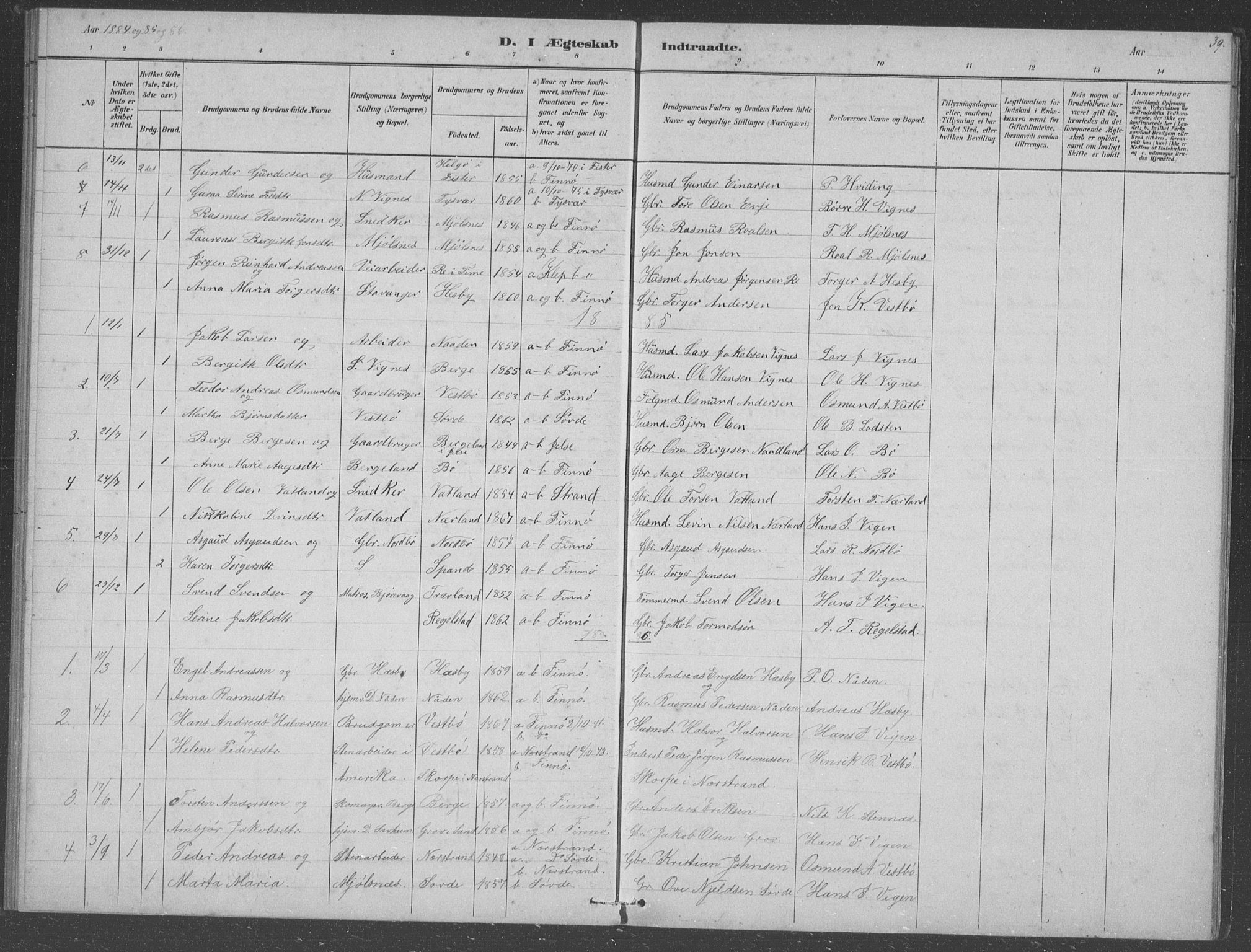 Finnøy sokneprestkontor, SAST/A-101825/H/Ha/Hab/L0003: Klokkerbok nr. B 3, 1879-1899, s. 39