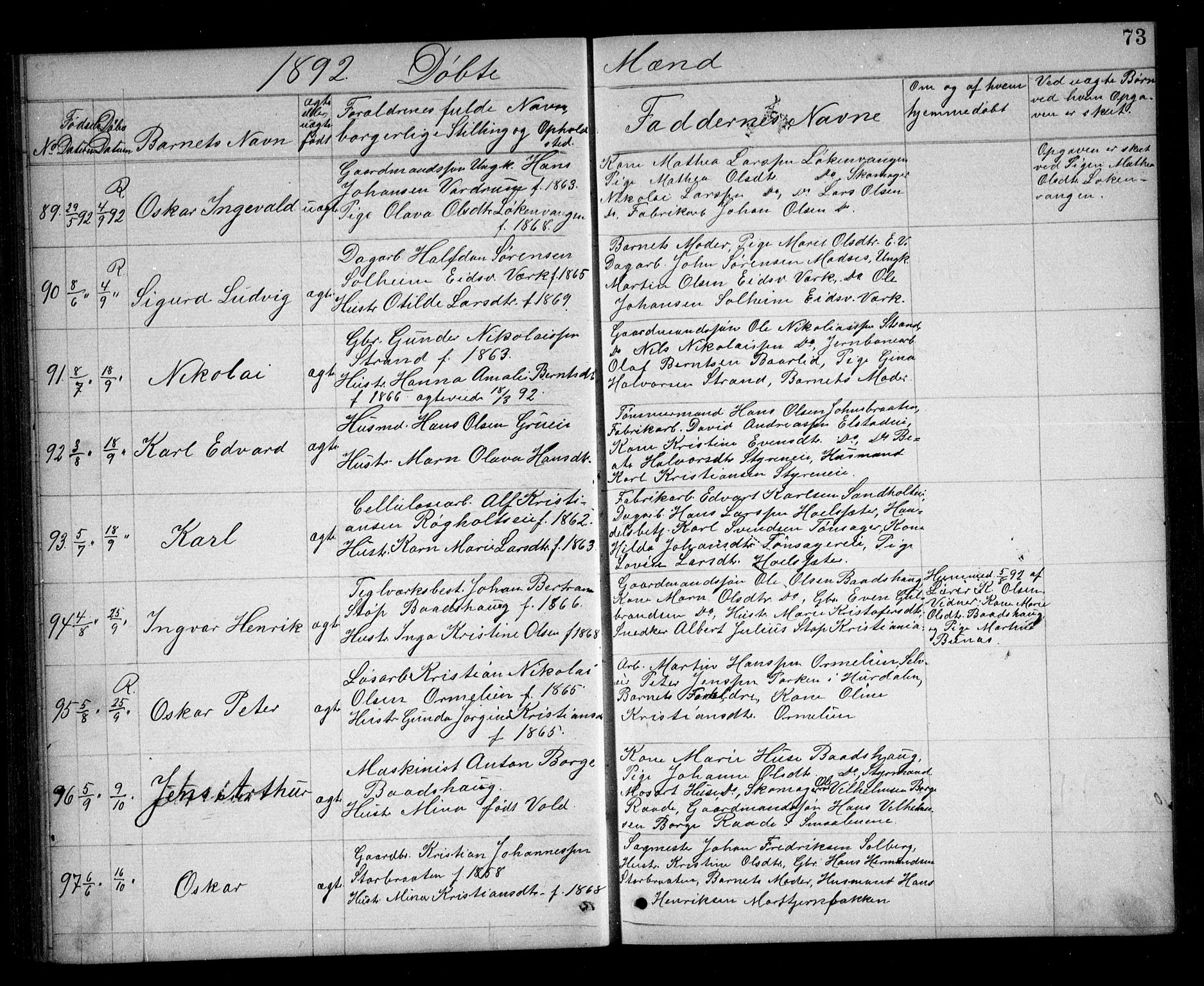 Eidsvoll prestekontor Kirkebøker, AV/SAO-A-10888/G/Ga/L0005: Klokkerbok nr. I 5, 1884-1894, s. 73