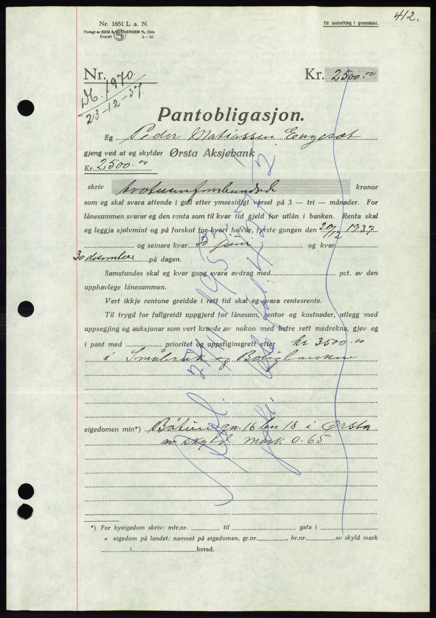 Søre Sunnmøre sorenskriveri, AV/SAT-A-4122/1/2/2C/L0064: Pantebok nr. 58, 1937-1938, Dagboknr: 1970/1937