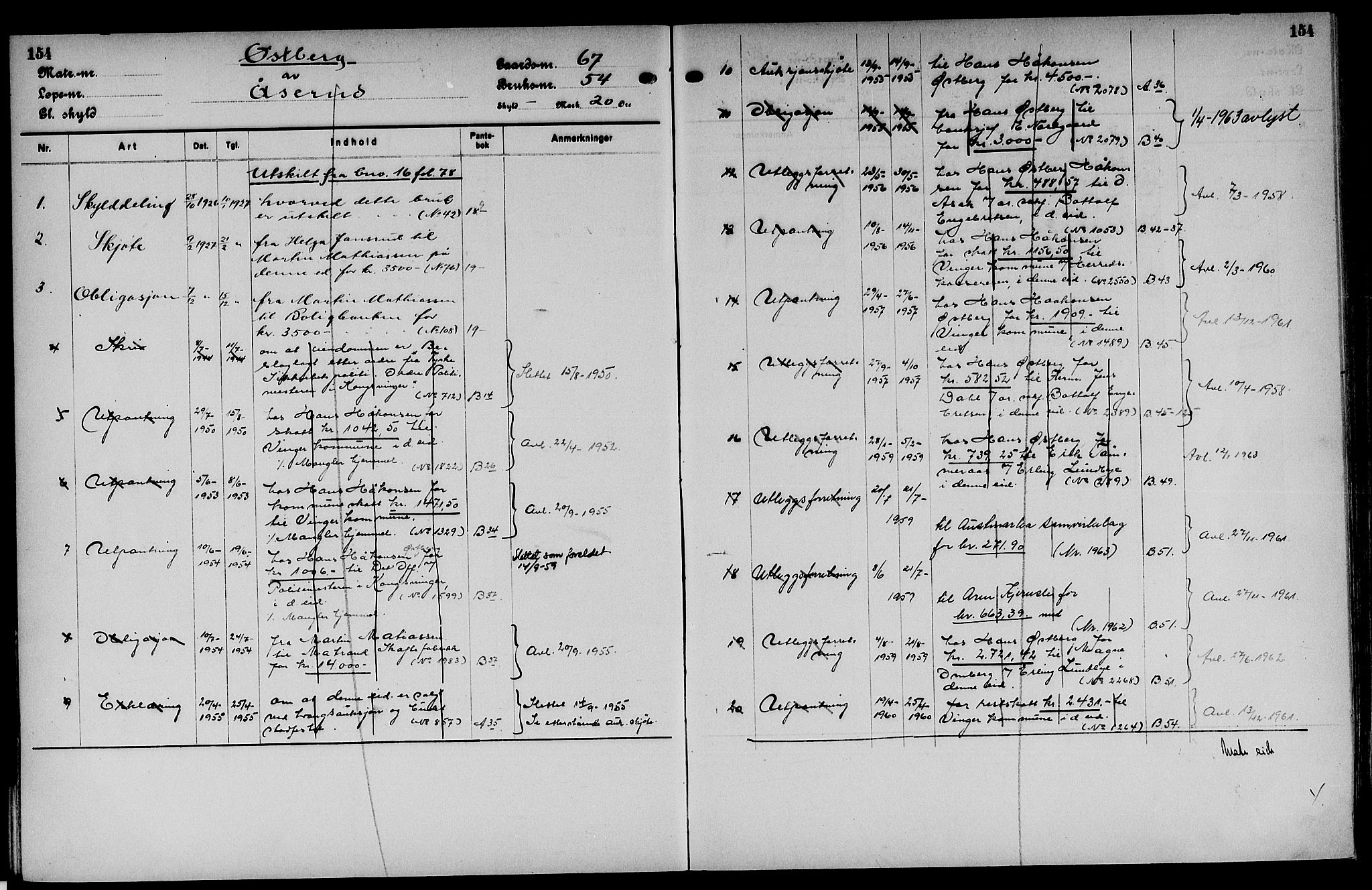 Vinger og Odal sorenskriveri, SAH/TING-022/H/Ha/Hac/Hacc/L0011: Panteregister nr. 3.11, 1923, s. 154