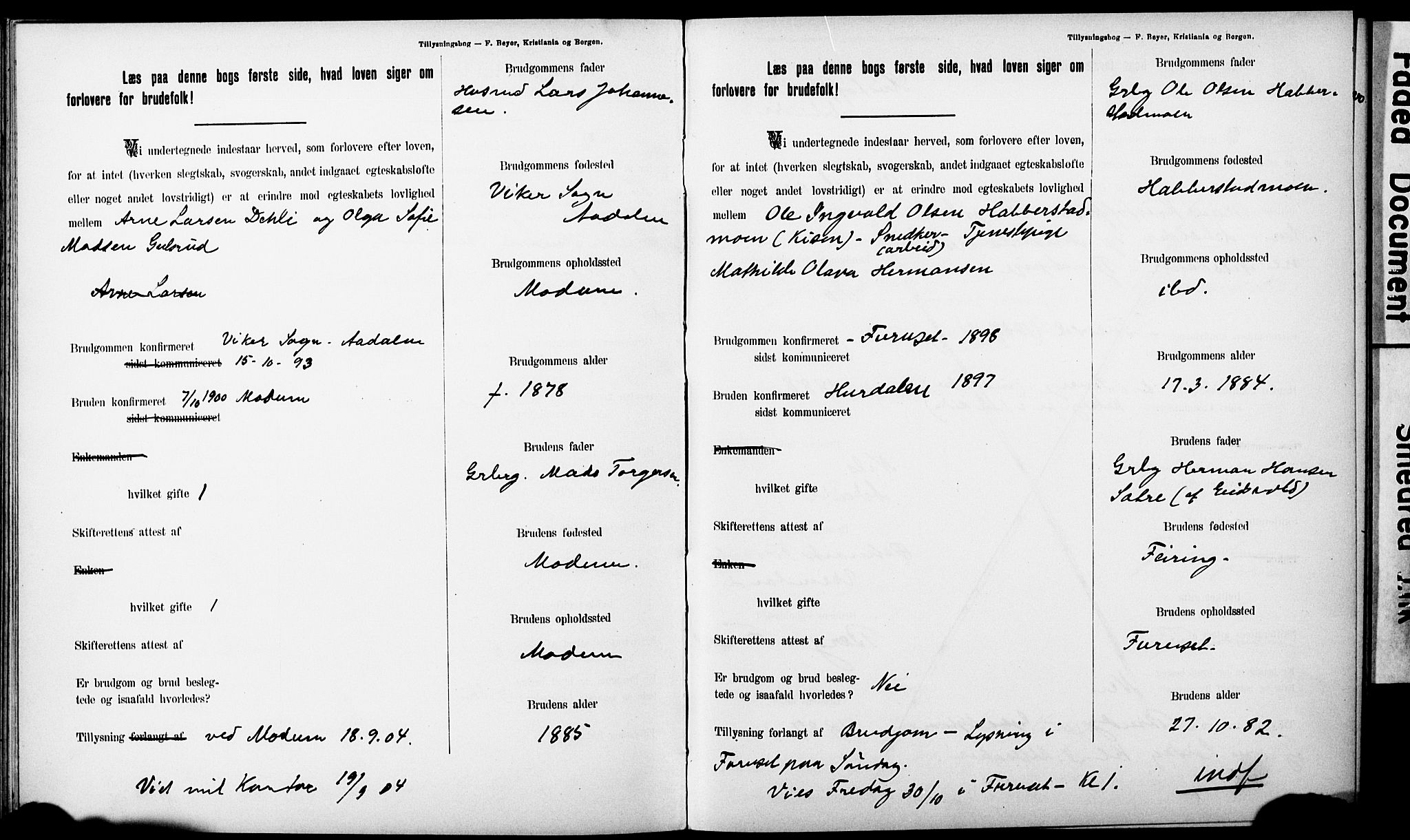 Ullensaker prestekontor Kirkebøker, SAO/A-10236a/H/Ha/L0001: Lysningsprotokoll nr. 1, 1892-1910