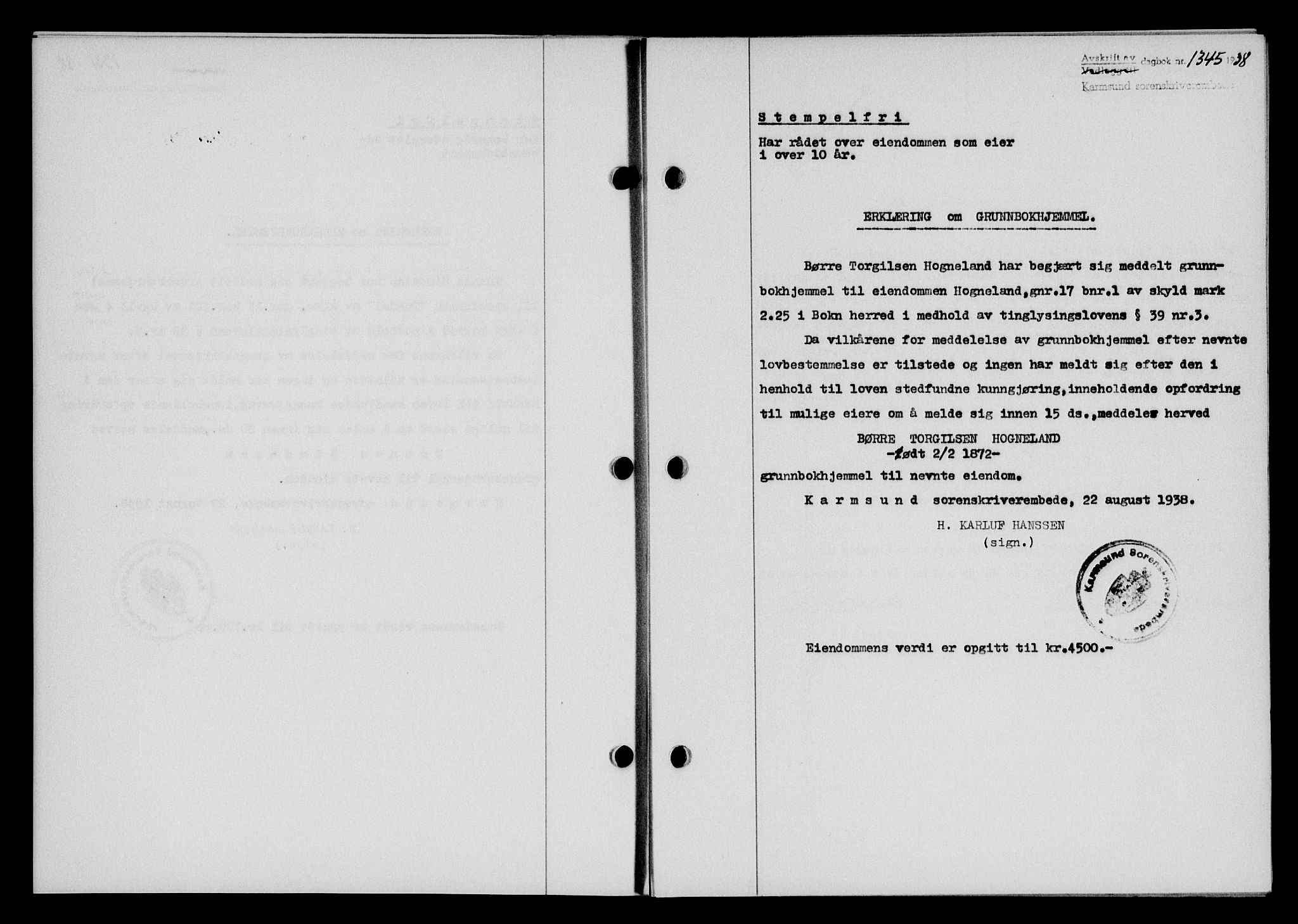 Karmsund sorenskriveri, SAST/A-100311/01/II/IIB/L0070: Pantebok nr. 51A, 1938-1939, Dagboknr: 1345/1938