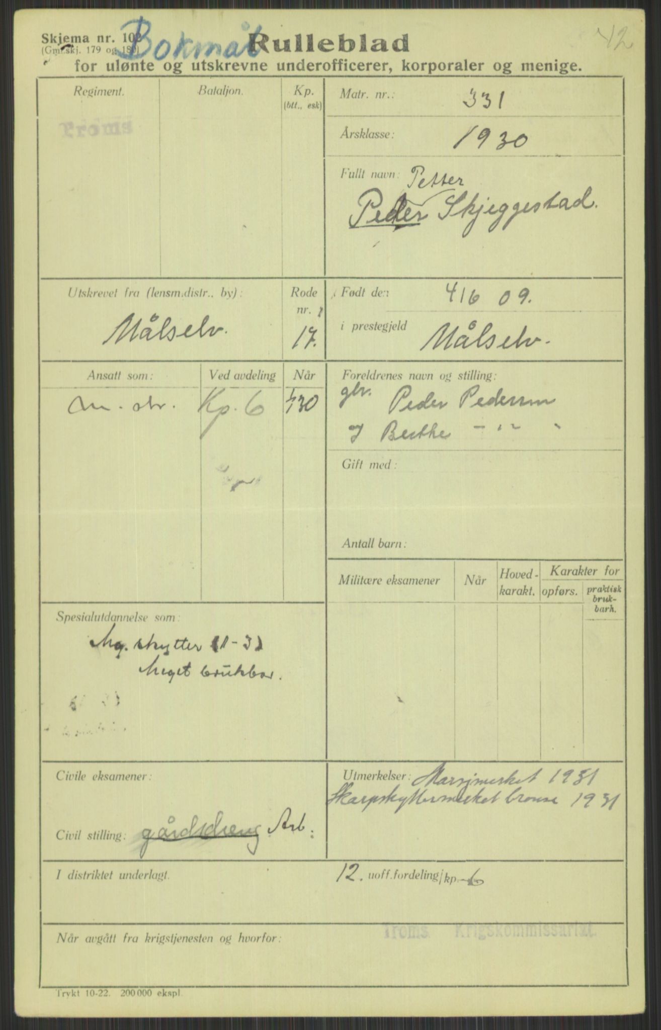 Forsvaret, Troms infanteriregiment nr. 16, AV/RA-RAFA-3146/P/Pa/L0014: Rulleblad for regimentets menige mannskaper, årsklasse 1930, 1930, s. 947