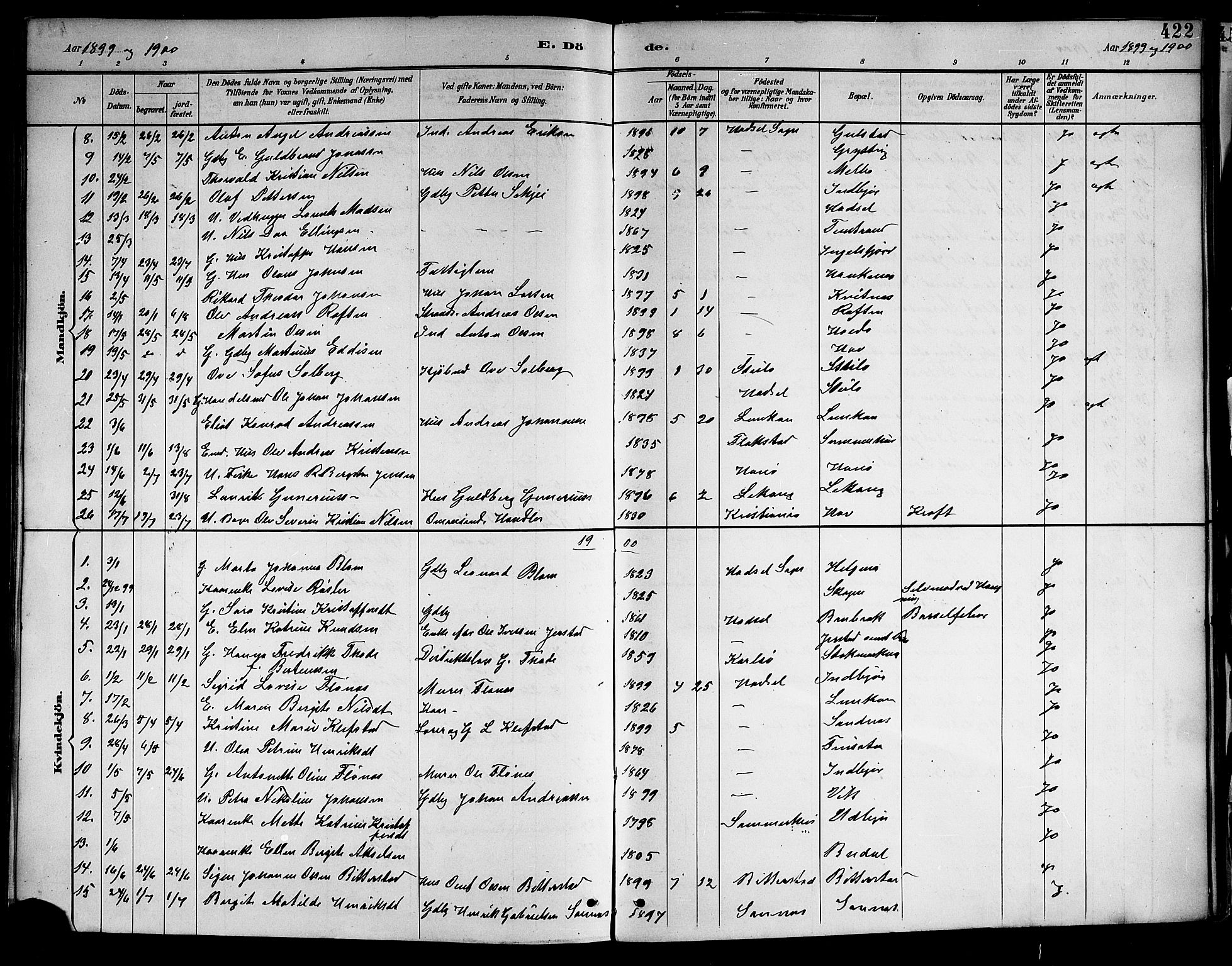 Ministerialprotokoller, klokkerbøker og fødselsregistre - Nordland, AV/SAT-A-1459/888/L1268: Klokkerbok nr. 888C06, 1891-1908, s. 422