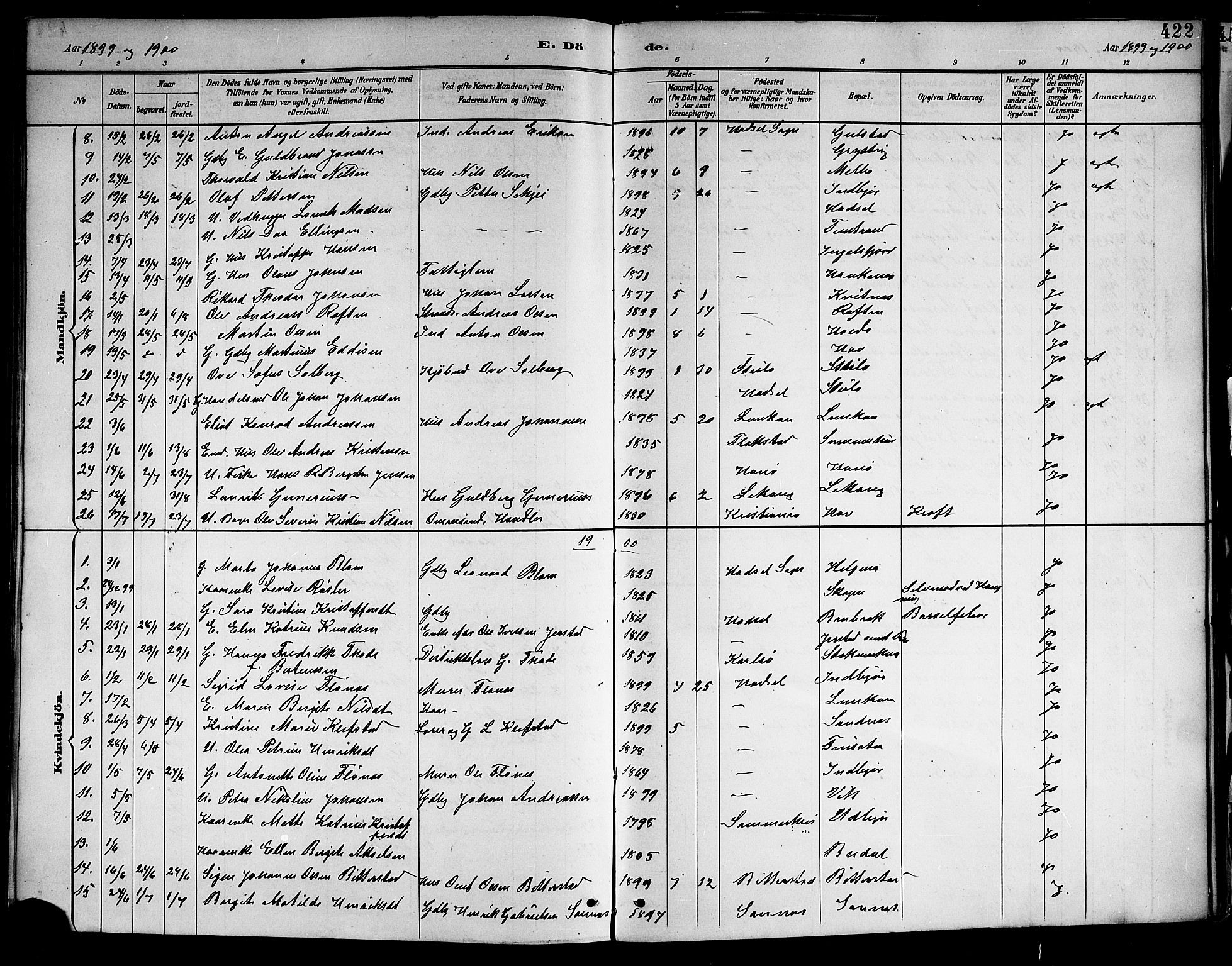 Ministerialprotokoller, klokkerbøker og fødselsregistre - Nordland, SAT/A-1459/888/L1268: Klokkerbok nr. 888C06, 1891-1908, s. 422