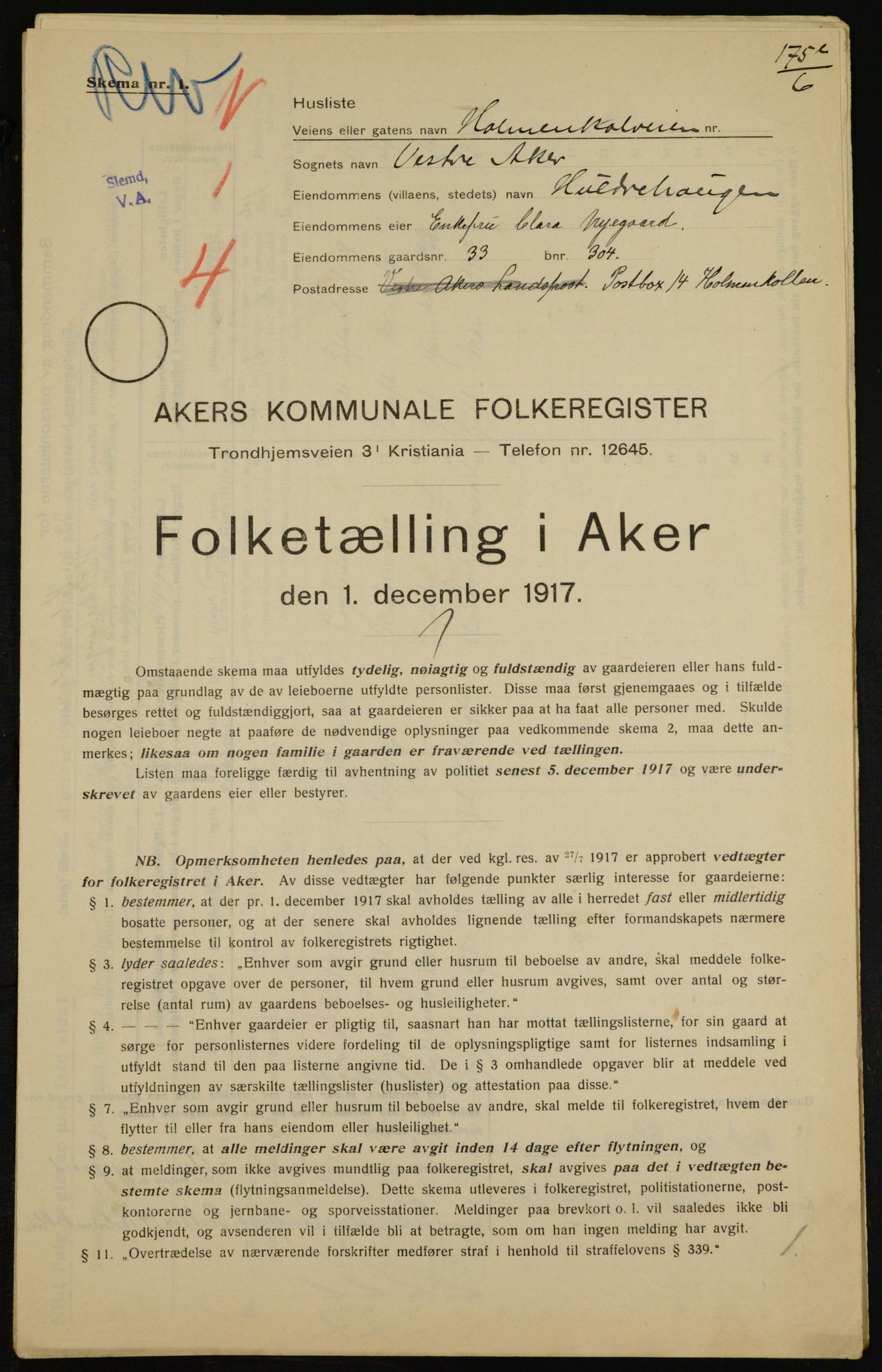 OBA, Kommunal folketelling 1.12.1917 for Aker, 1917, s. 8243