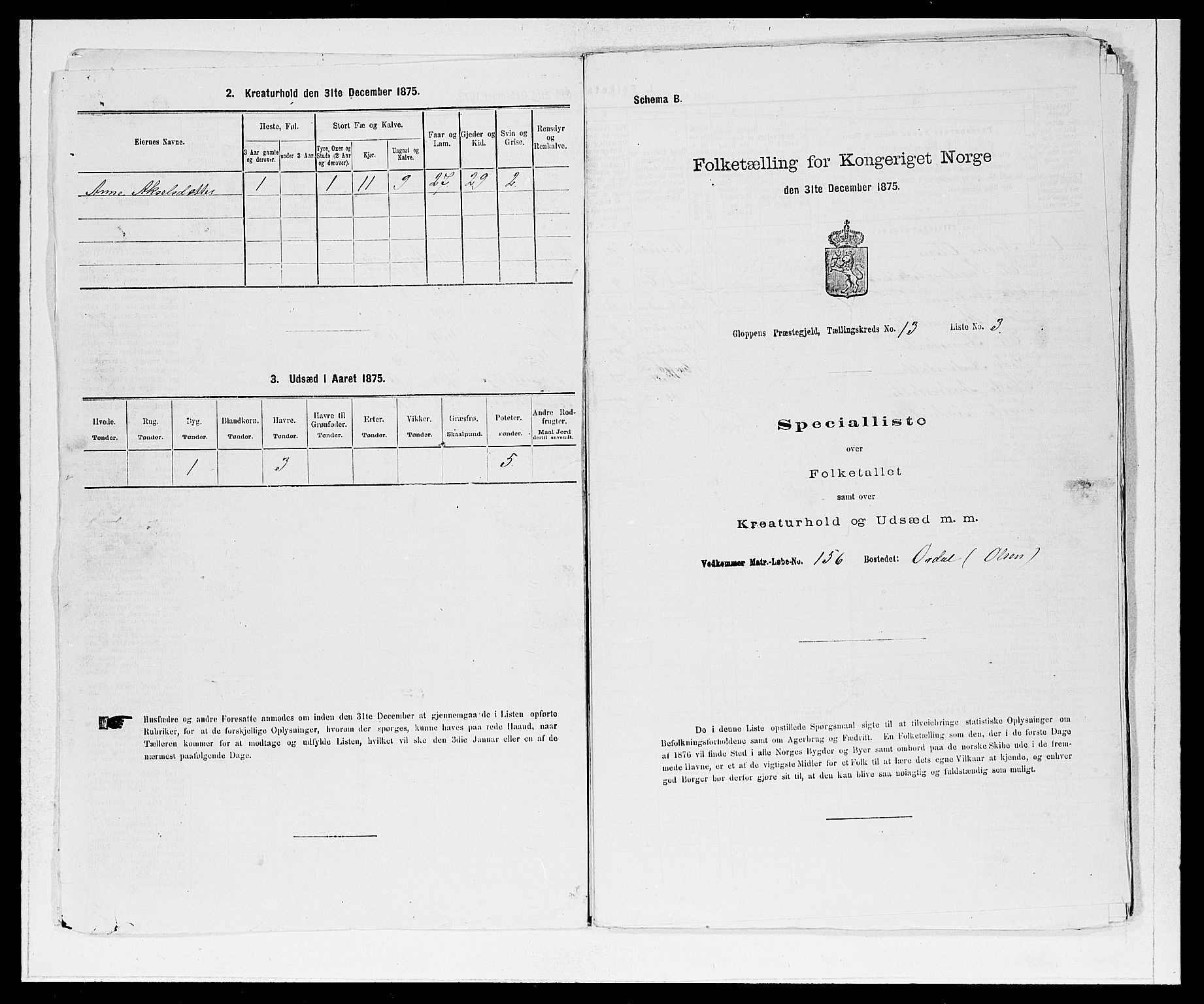 SAB, Folketelling 1875 for 1445P Gloppen prestegjeld, 1875, s. 1396