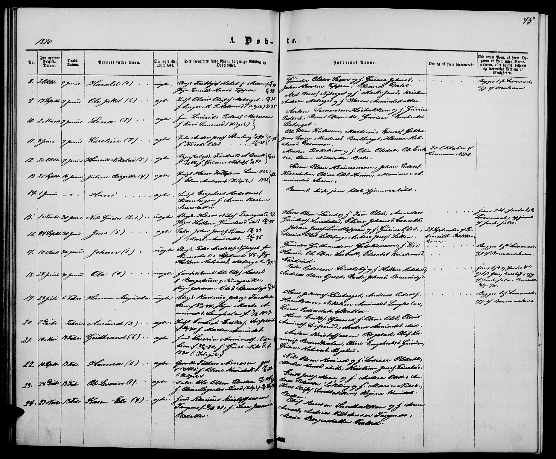 Elverum prestekontor, AV/SAH-PREST-044/H/Ha/Hab/L0004: Klokkerbok nr. 4, 1866-1874, s. 45