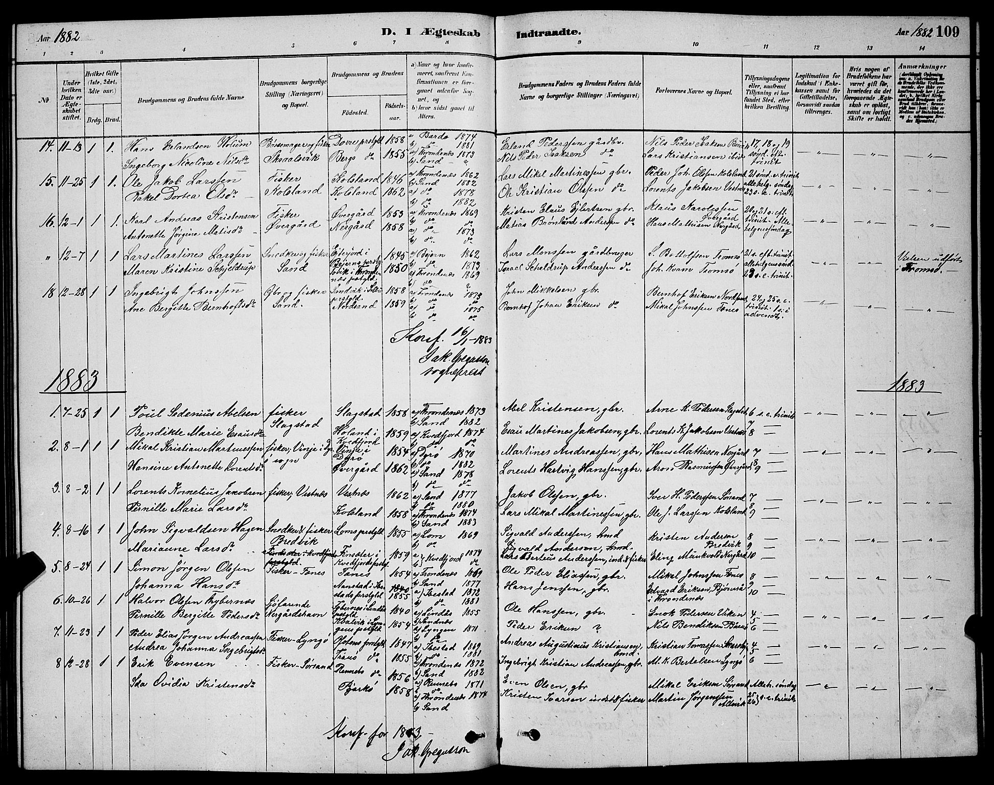 Sand/Bjarkøy sokneprestkontor, AV/SATØ-S-0811/I/Ia/Iab/L0002klokker: Klokkerbok nr. 2, 1878-1890, s. 109