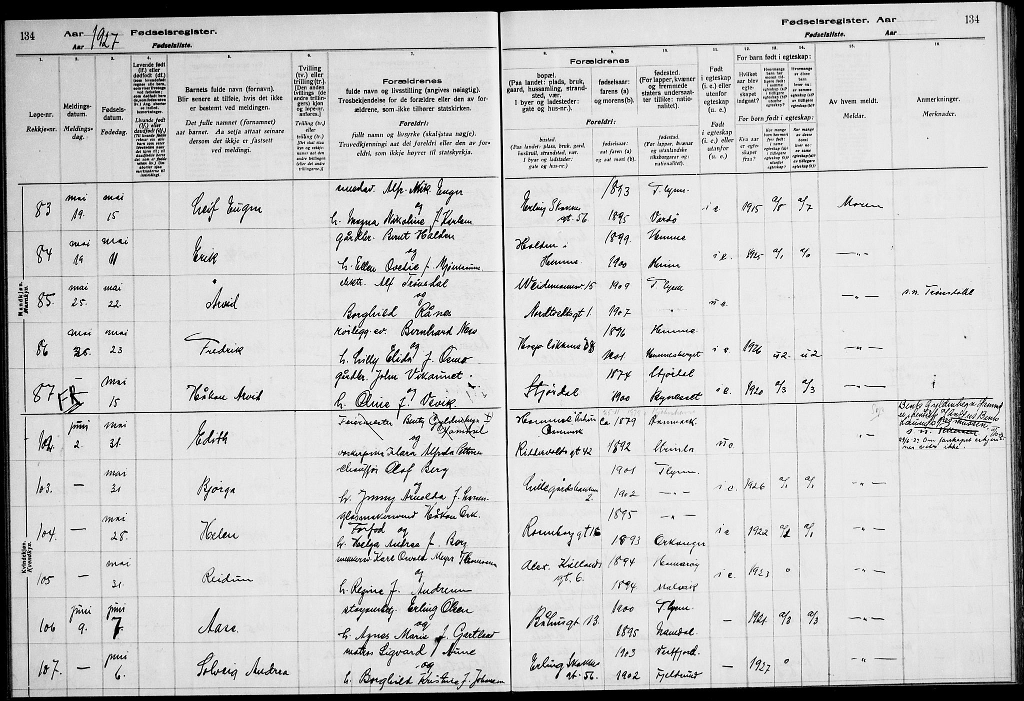 Ministerialprotokoller, klokkerbøker og fødselsregistre - Sør-Trøndelag, SAT/A-1456/600/L0004: Fødselsregister nr. 600.II.4.3, 1924-1928, s. 134