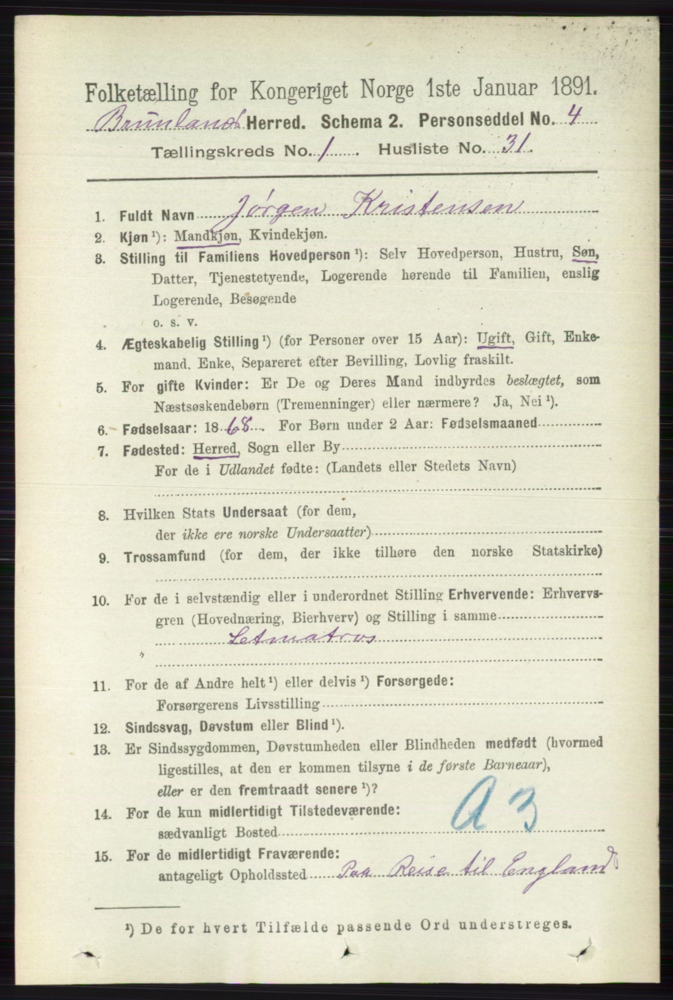 RA, Folketelling 1891 for 0726 Brunlanes herred, 1891, s. 307