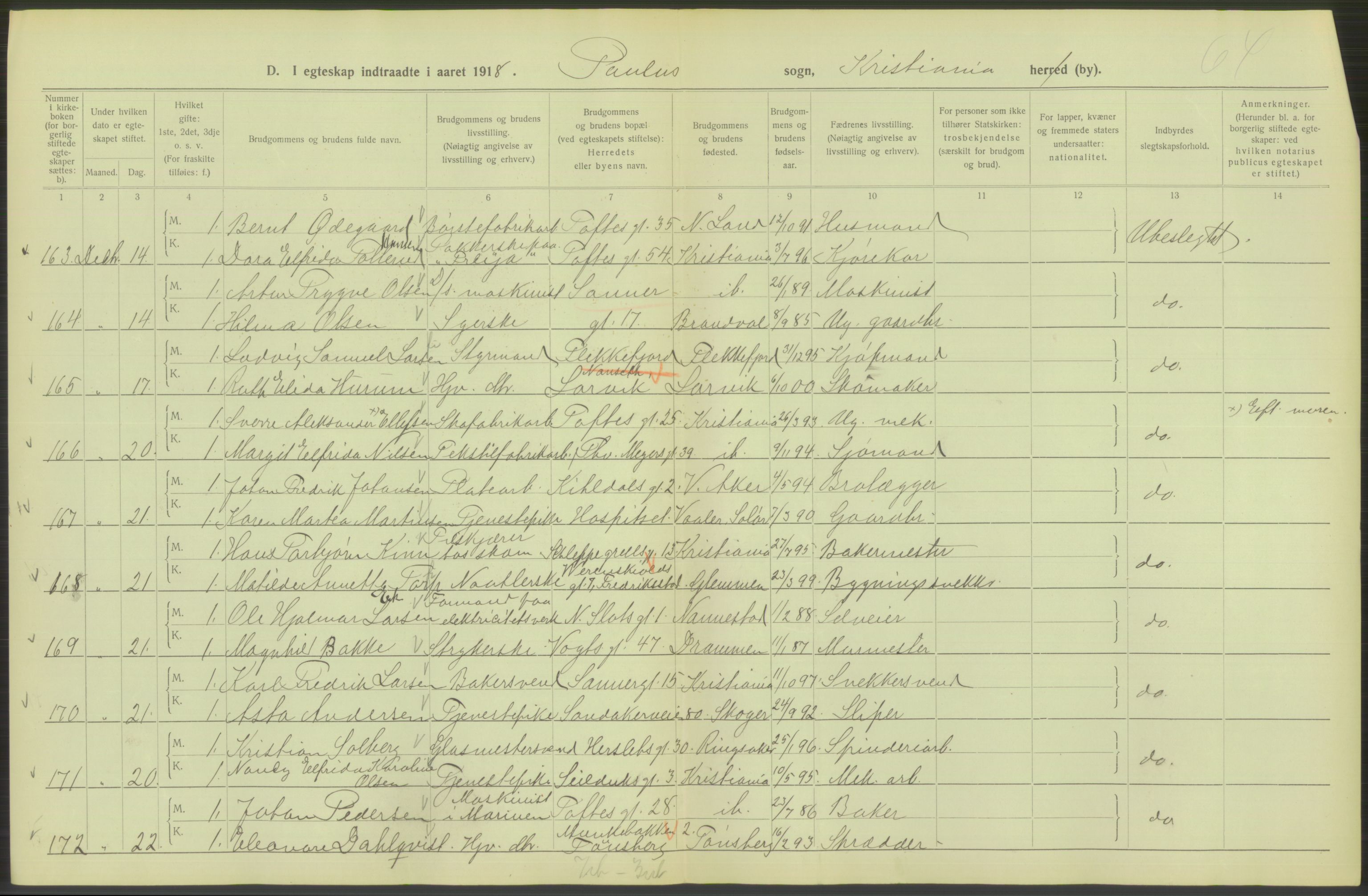 Statistisk sentralbyrå, Sosiodemografiske emner, Befolkning, AV/RA-S-2228/D/Df/Dfb/Dfbh/L0009: Kristiania: Gifte, 1918, s. 738