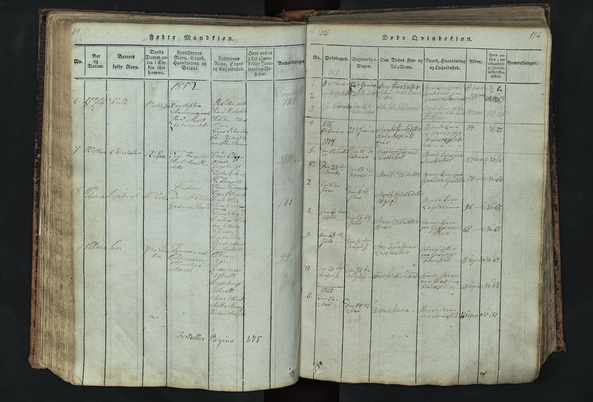 Kvikne prestekontor, AV/SAH-PREST-064/H/Ha/Hab/L0001: Klokkerbok nr. 1, 1815-1895, s. 191-192