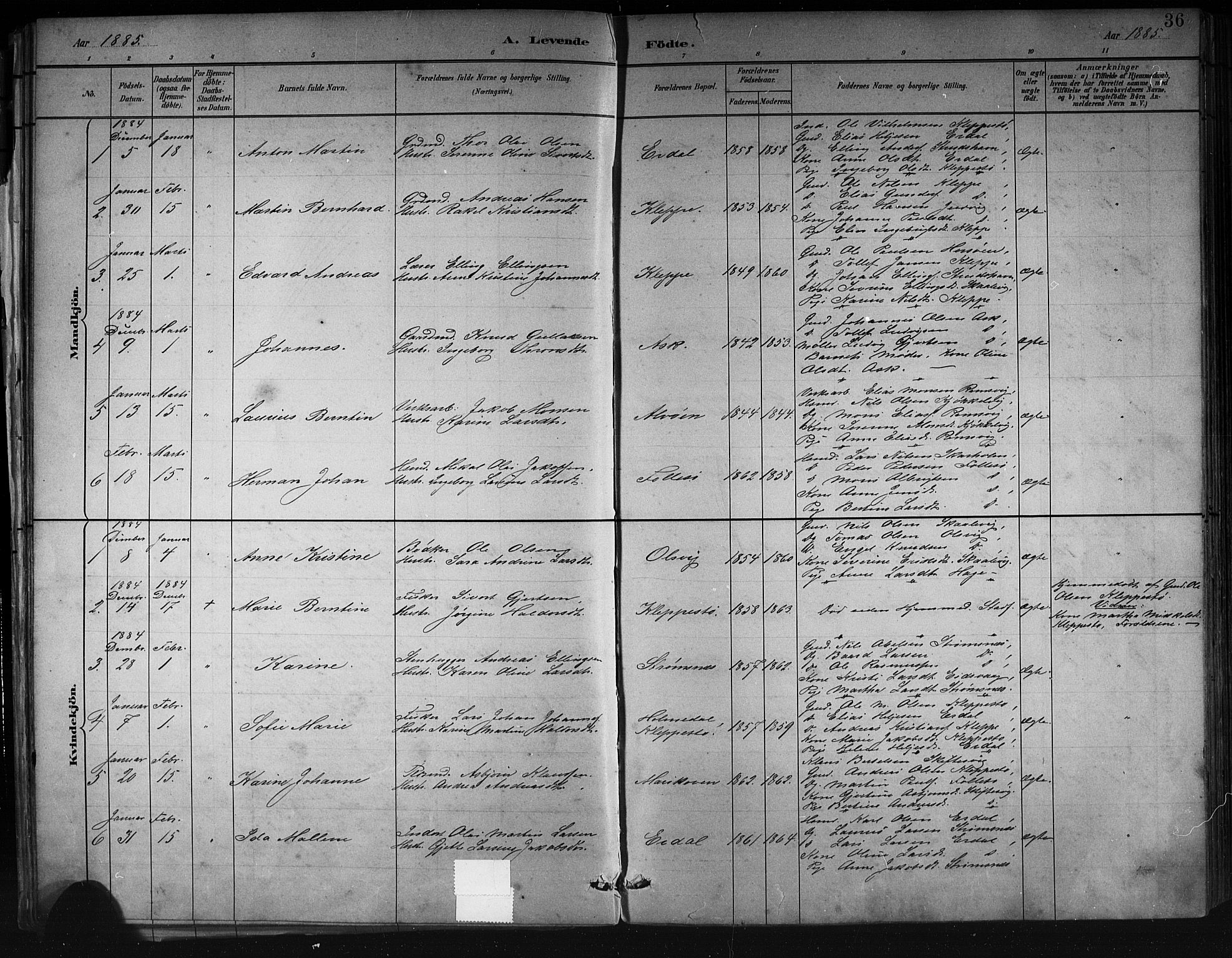 Askøy Sokneprestembete, AV/SAB-A-74101/H/Ha/Hab/Haba/L0008: Klokkerbok nr. A 8, 1882-1893, s. 36